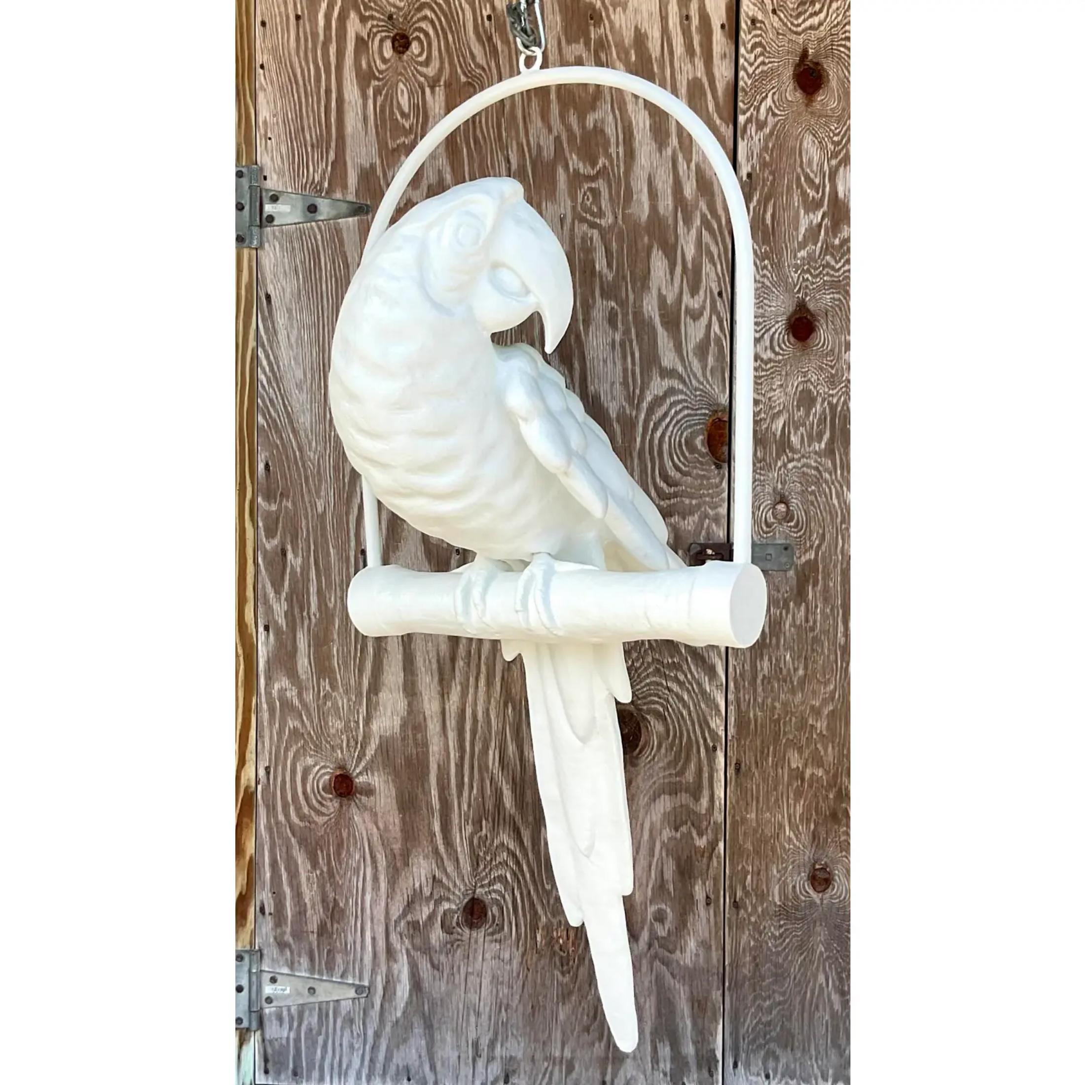 Plaster Vintage Boho Monumental Hanging Parrot on a Perch