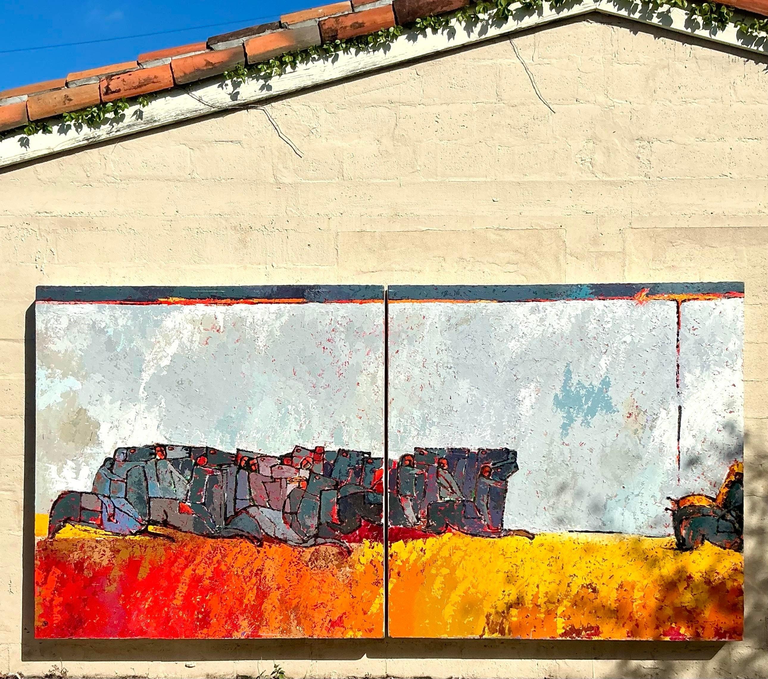 Vintage Boho Monumental Horse Diptych For Sale 4