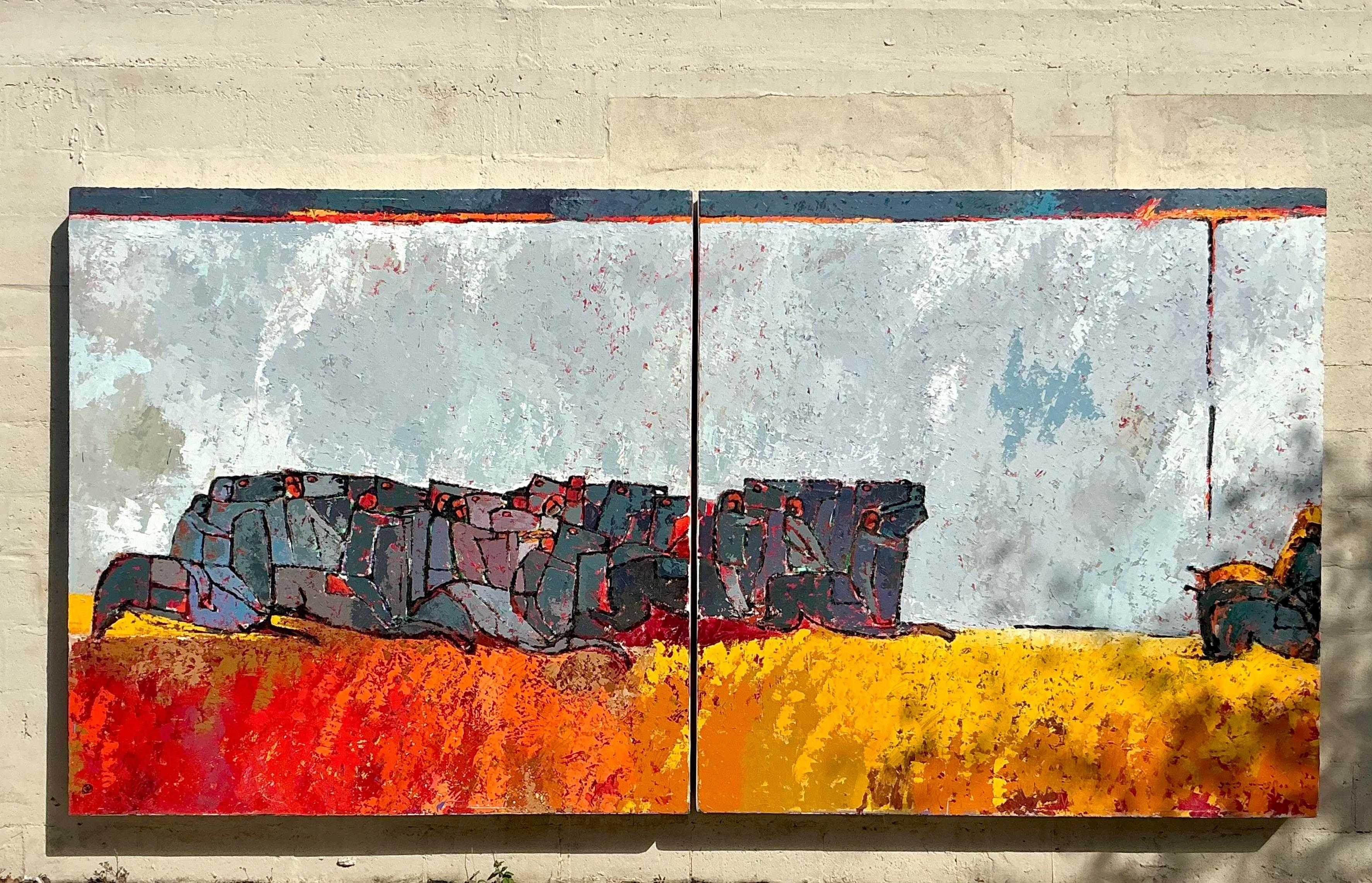 Vintage Boho Monumental Horse Diptych For Sale 5