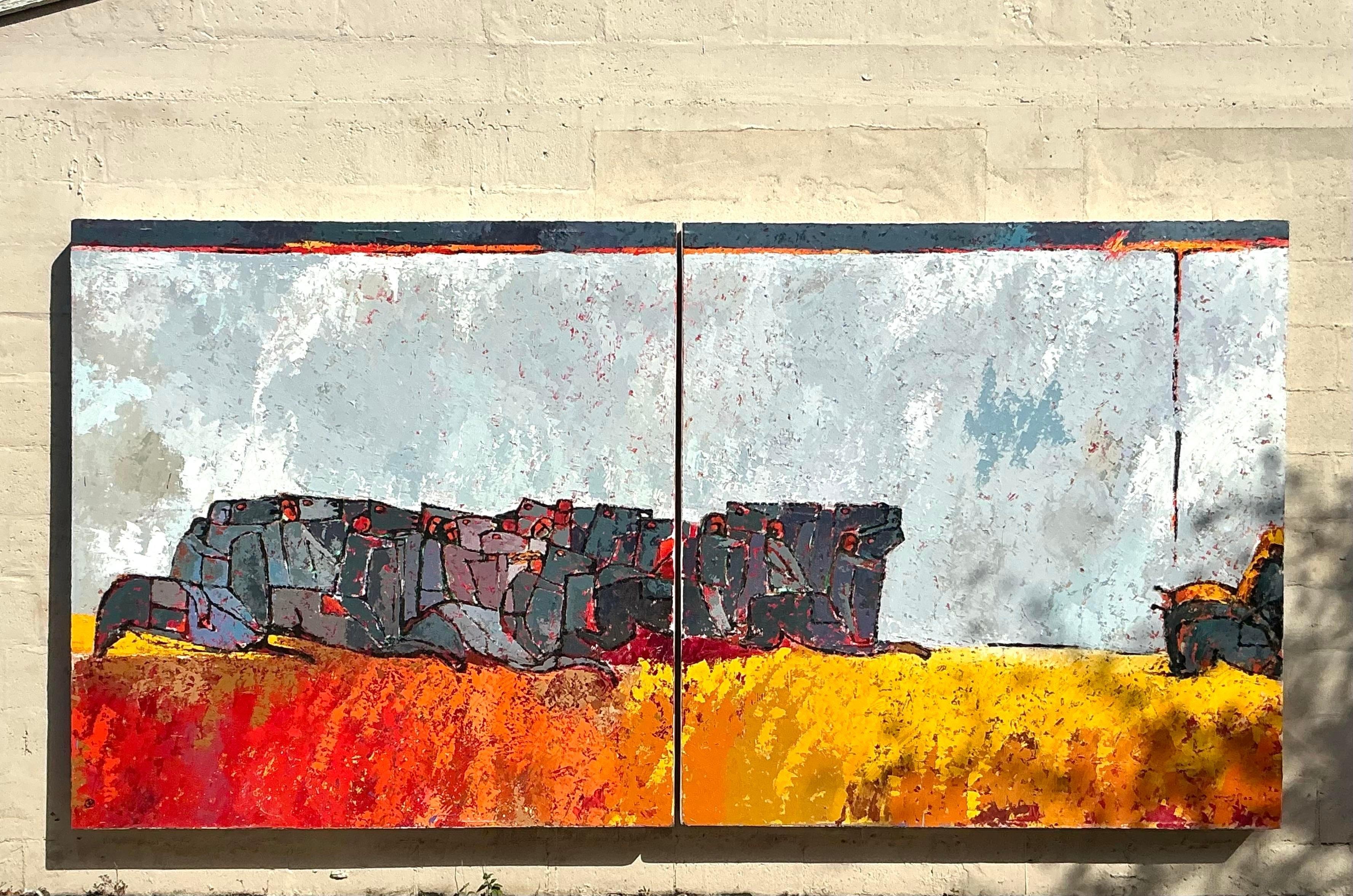 Vintage Boho Monumental Horse Diptych For Sale 6