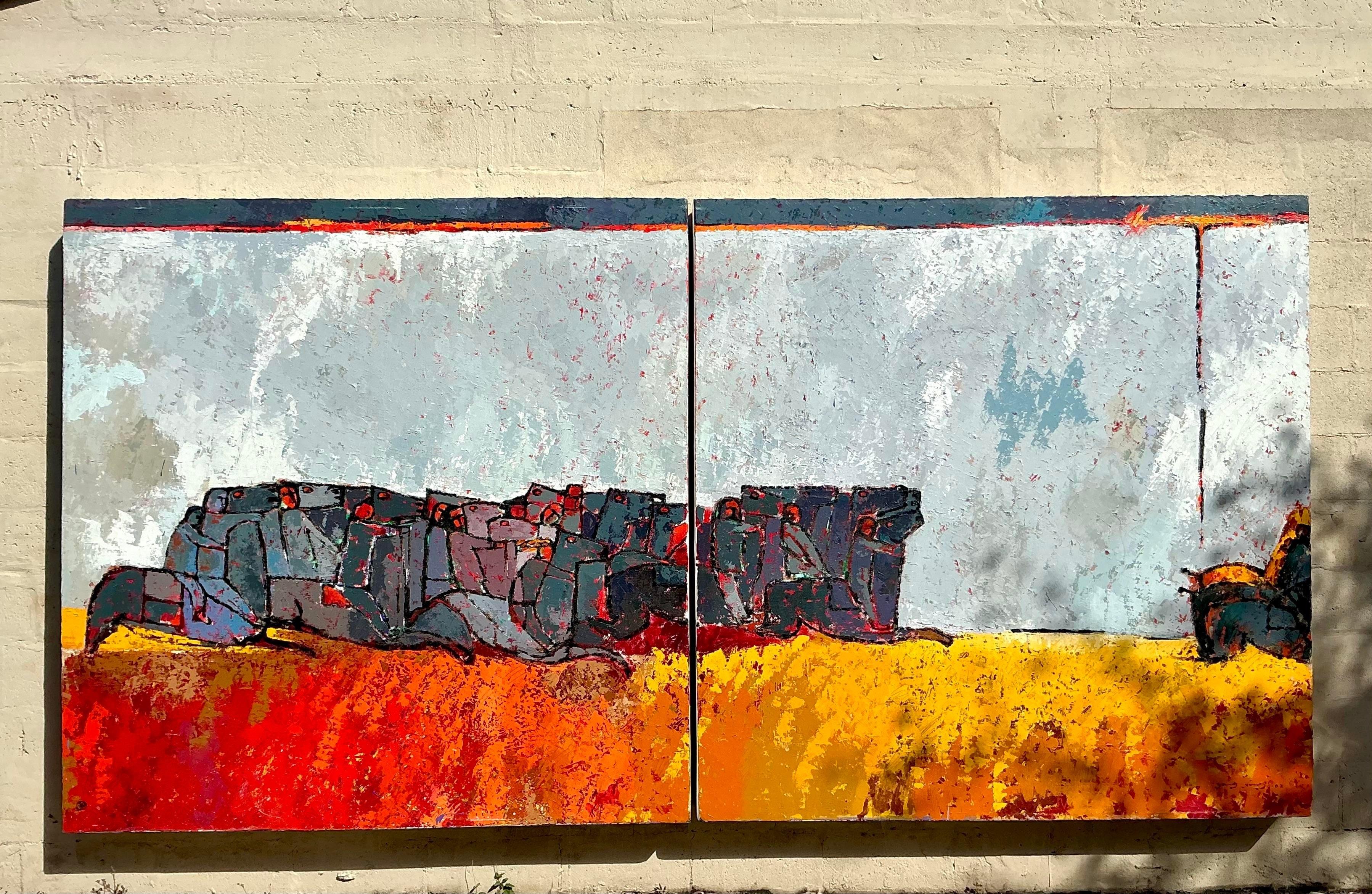 American Vintage Boho Monumental Horse Diptych For Sale