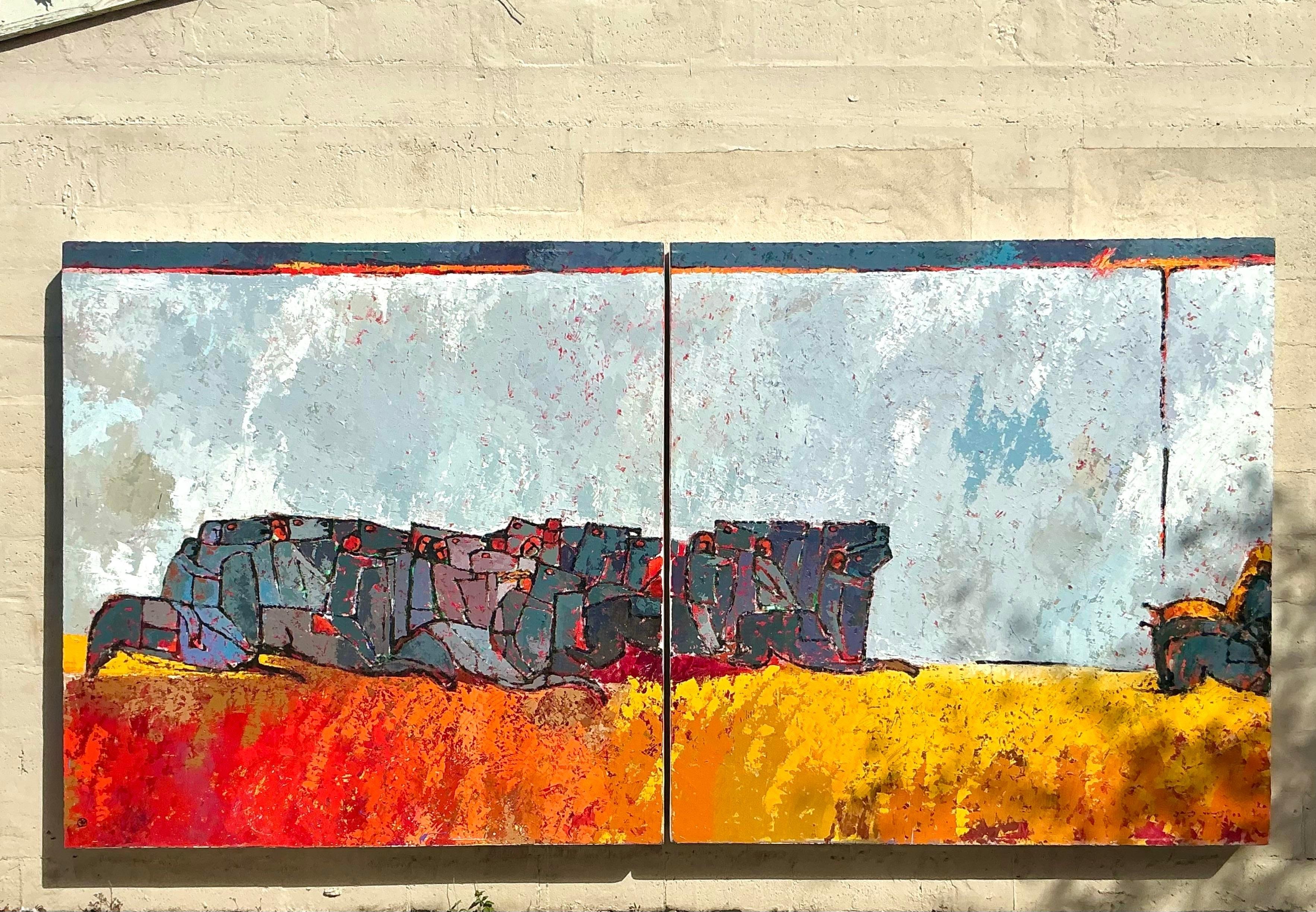 Vintage Boho Monumental Horse Diptych For Sale 2