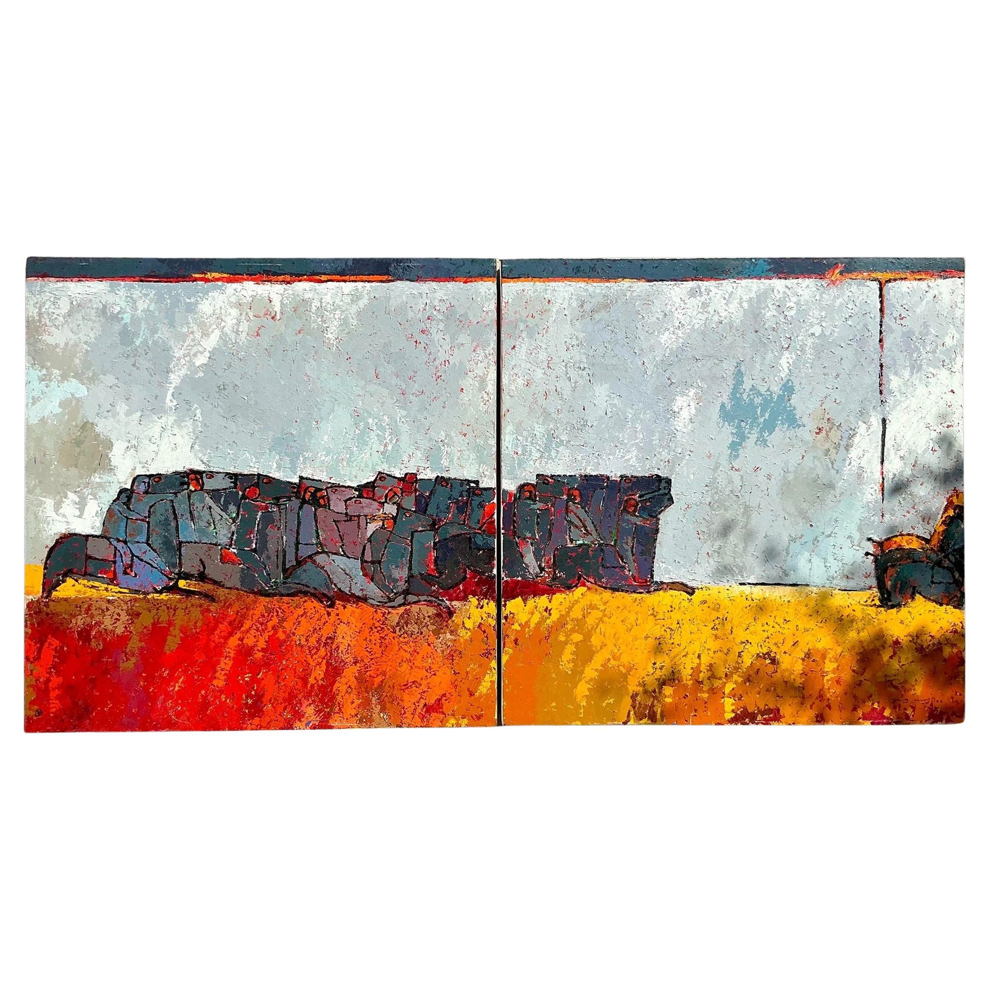 Vintage Boho Monumental Horse Diptych