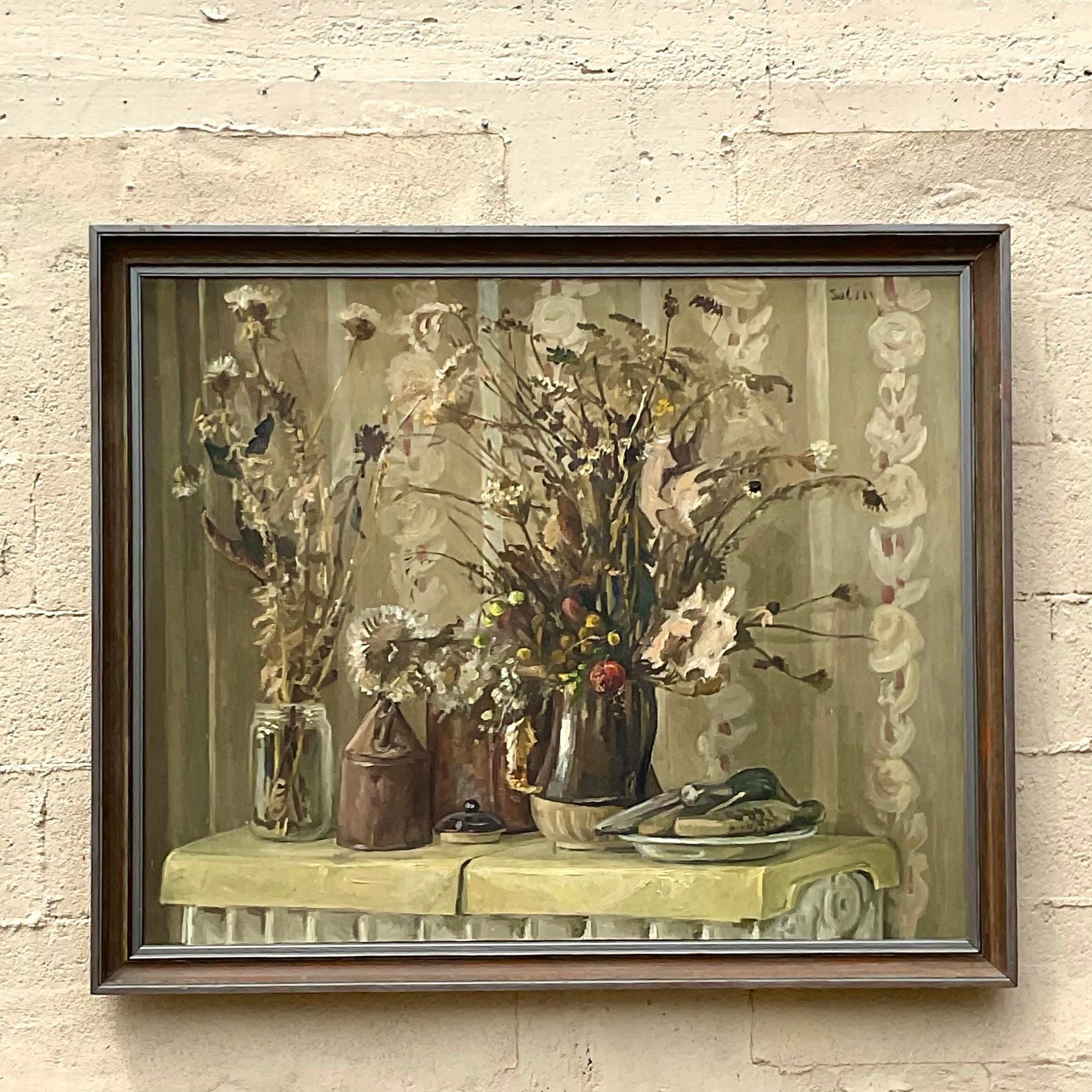 Eine fantastische Vintage Boho original Ölgemälde. Eine schöne impressionistische Komposition in neutralen Tönen. Ein fabelhaftes und unverwechselbares Stück. Signiert vom Künstler. Erworben aus einem Nachlass in Palm Beach. 