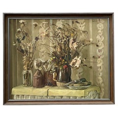 Vintage Boho Monumental Impressionist Still Life Firmato Olio originale su tela