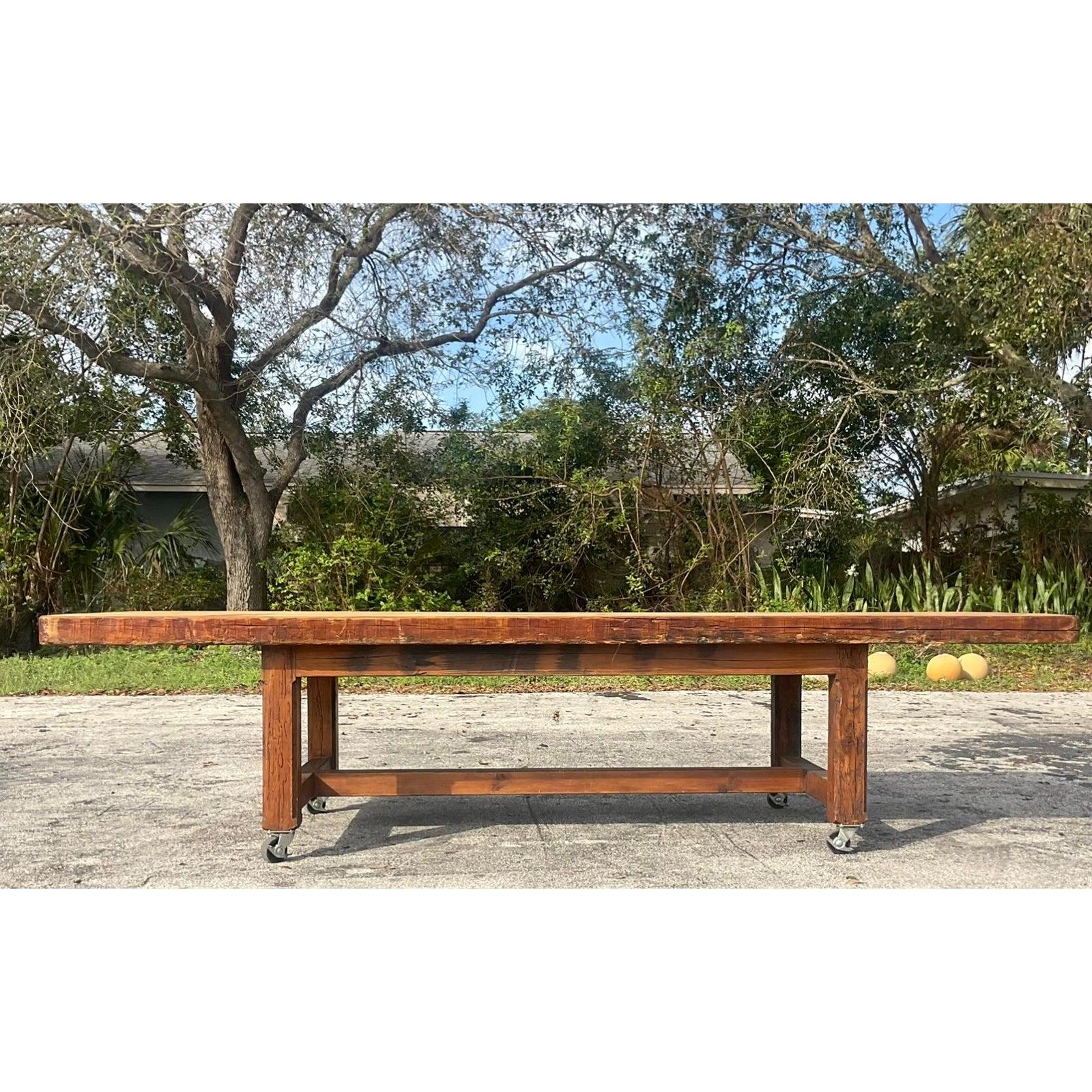 American Vintage Boho Monumental Industrial Plank Dining Table on Casters For Sale