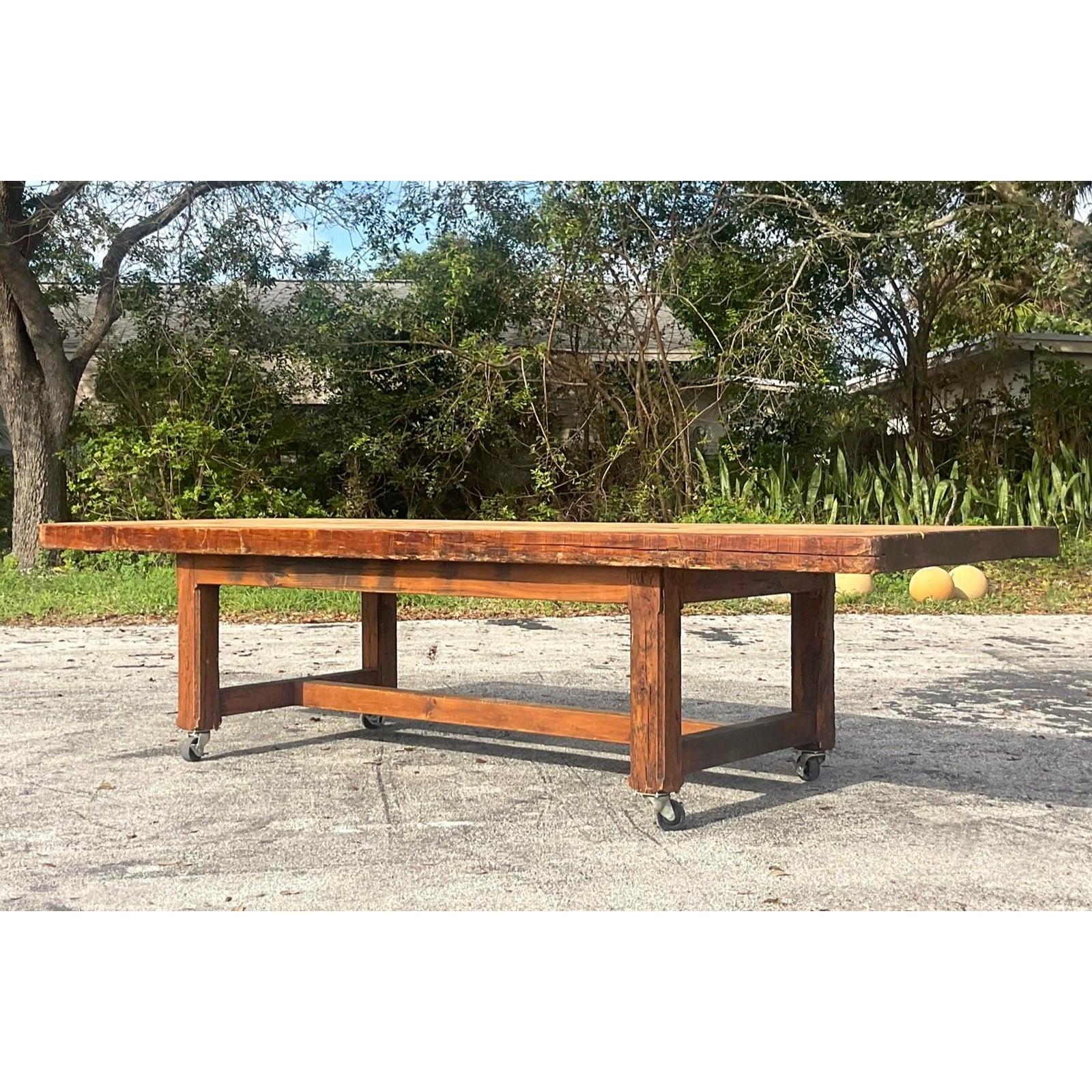 20th Century Vintage Boho Monumental Industrial Plank Dining Table on Casters For Sale