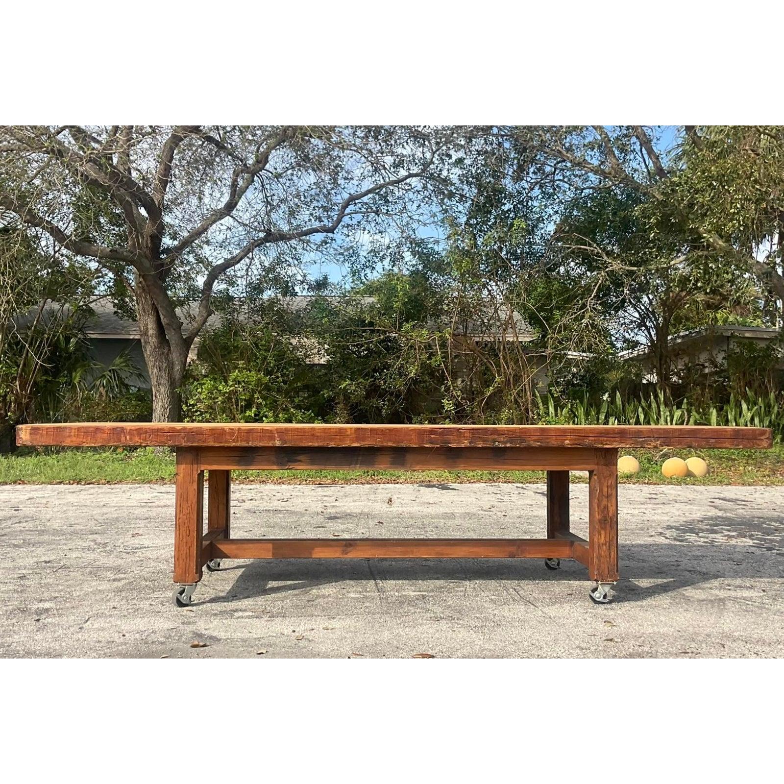 Metal Vintage Boho Monumental Industrial Plank Dining Table on Casters For Sale