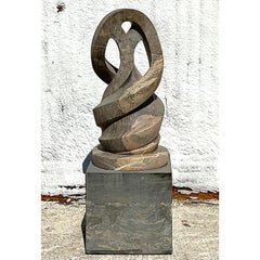 Vintage Boho Intertwined Hand Carved Marble Abstract Sculpture on Marble Base