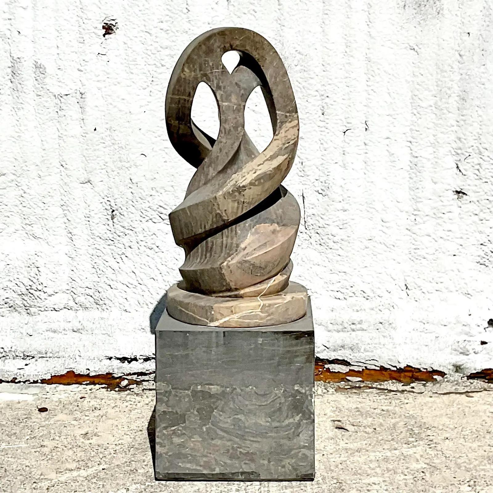 North American Vintage Boho Intertwined Hand Carved Marble Abstract Sculpture on Marble Base For Sale