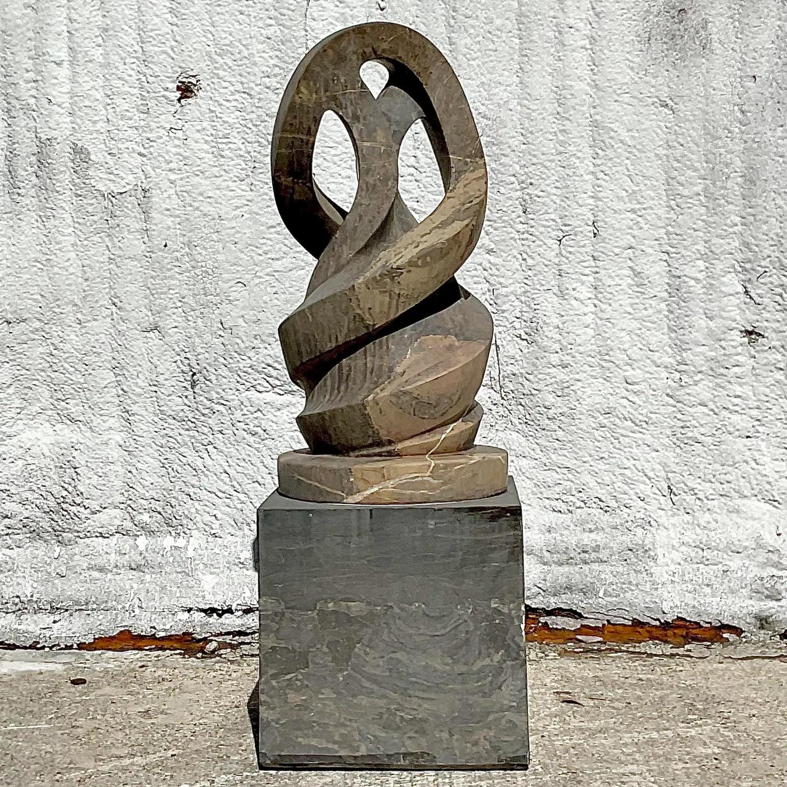 Vintage Boho Intertwined Hand Carved Marble Abstract Sculpture on Marble Base In Good Condition For Sale In west palm beach, FL