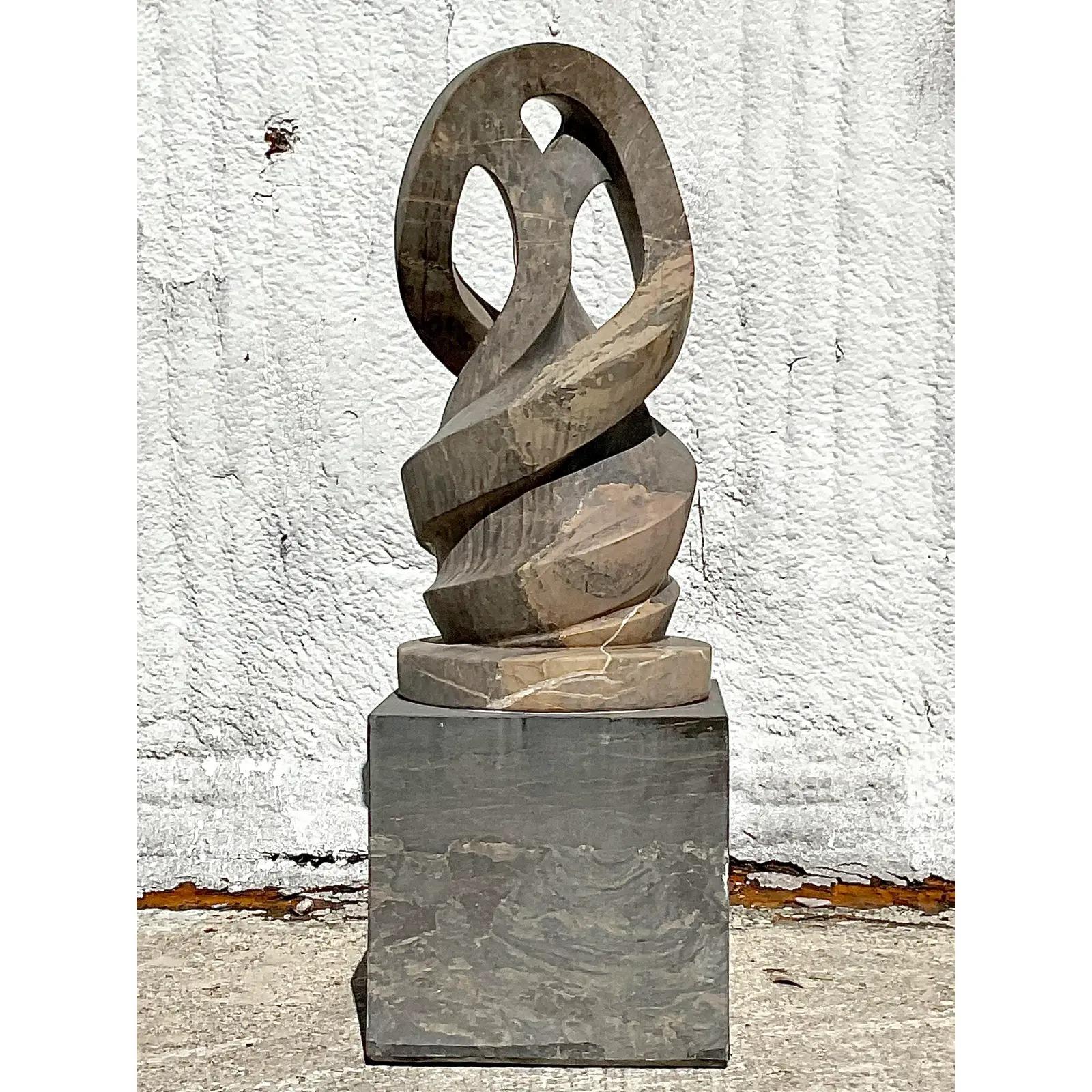 Vintage Boho Intertwined Hand Carved Marble Abstract Sculpture on Marble Base For Sale 1