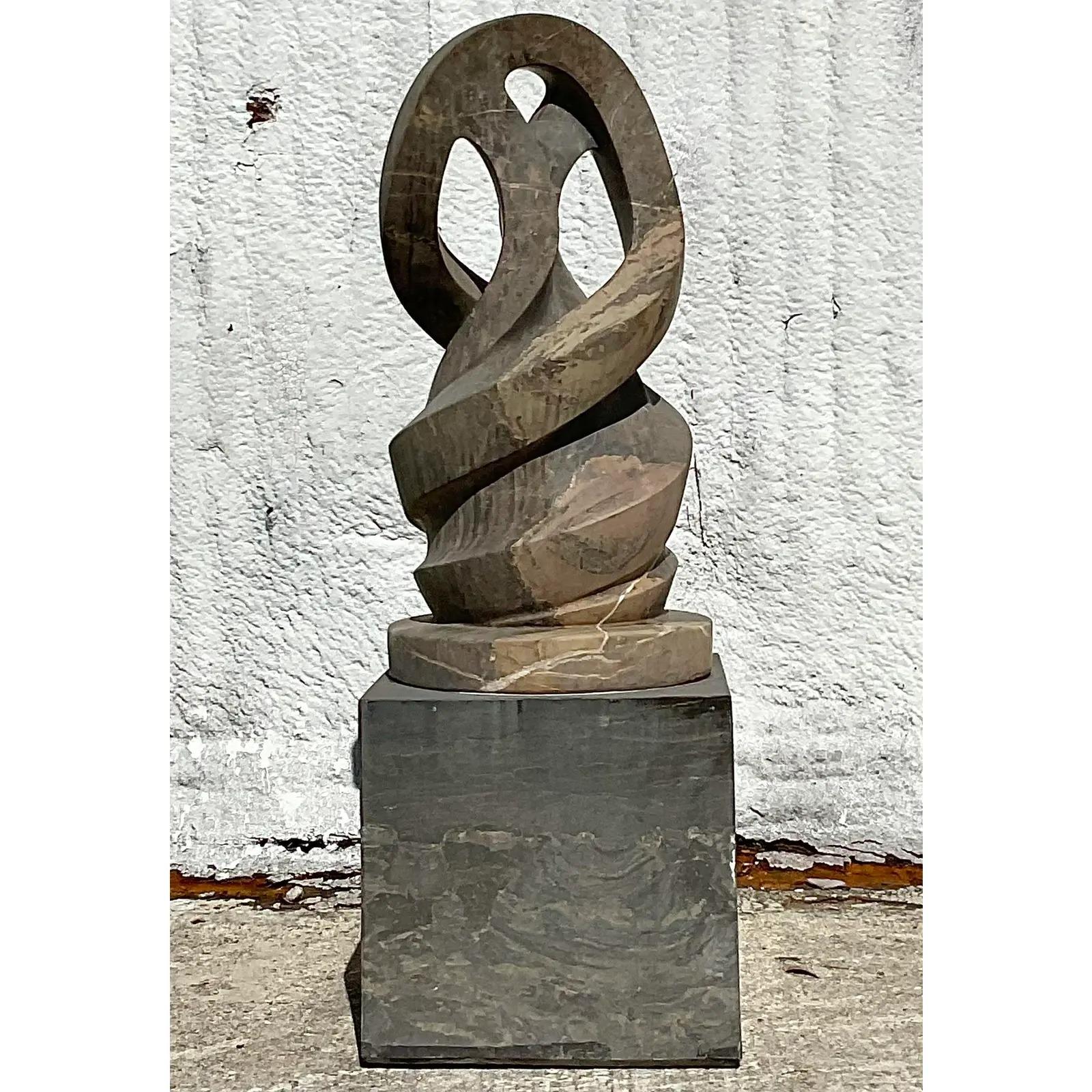 Vintage Boho Intertwined Hand Carved Marble Abstract Sculpture on Marble Base For Sale 2