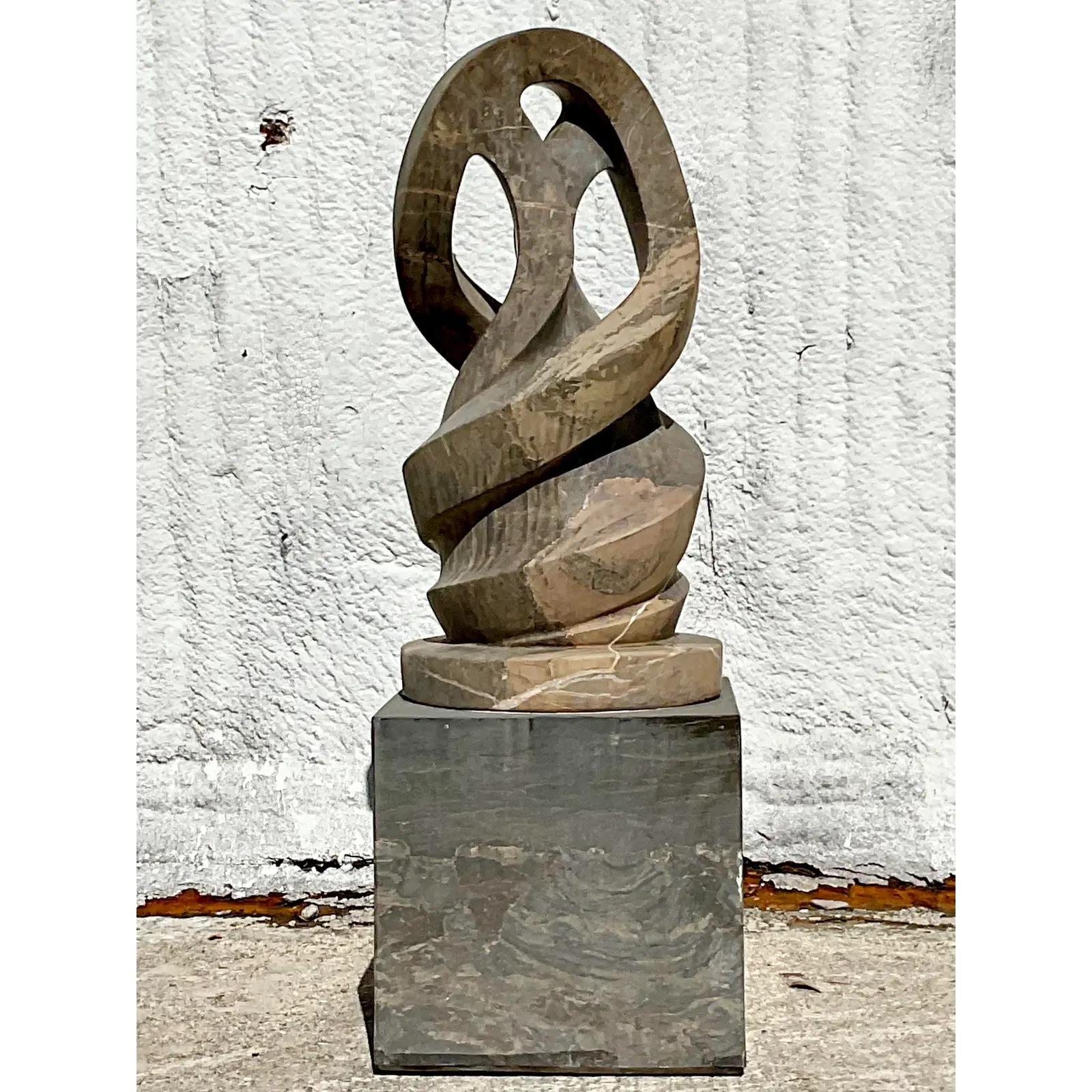 Vintage Boho Intertwined Hand Carved Marble Abstract Sculpture on Marble Base For Sale 3