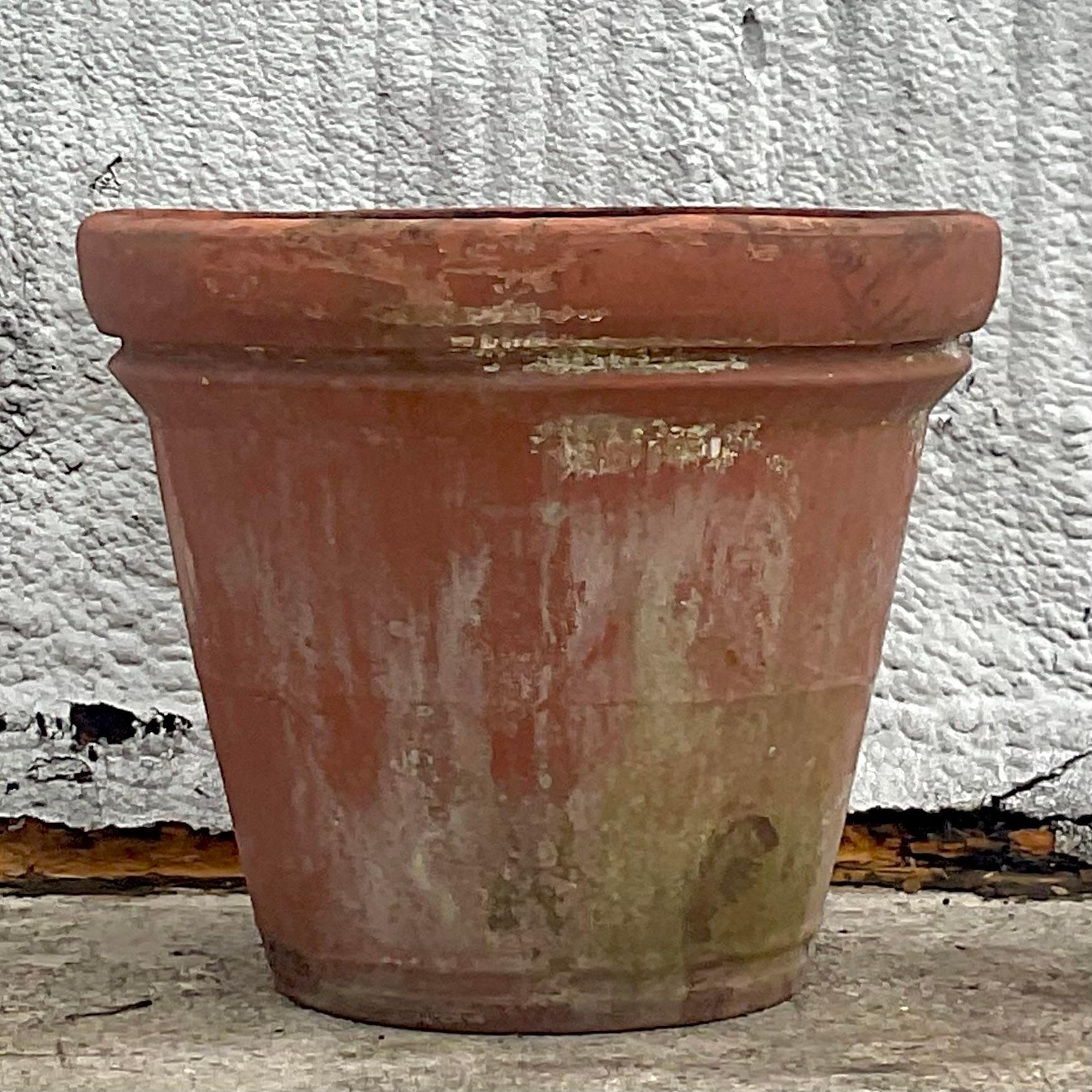 A fantastic vintage Boho planter. A chic Italian terra cotta with a beautiful patina from time. Drilled for drainage. From a fabulous Victoria Park estate. 
