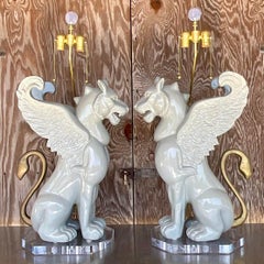 Vintage Boho Monumental Lacquered Winged Lion Lamps, a Pair