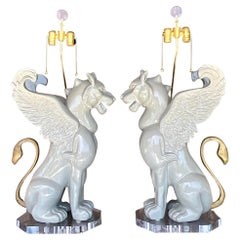 Vintage Boho Monumental Lacquered Winged Lion Lamps, a Pair