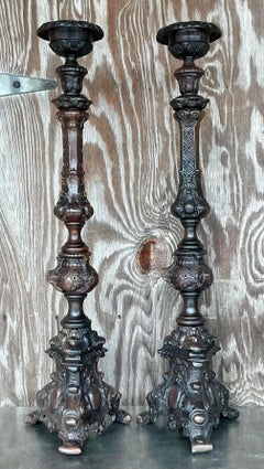 Vintage Boho Monumental Maitland-Smith Bronze Altar Candles - Set of 2