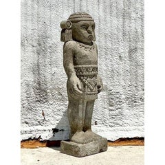 Vintage Boho Monumental Mayan Carved Stone Sculpture of Man