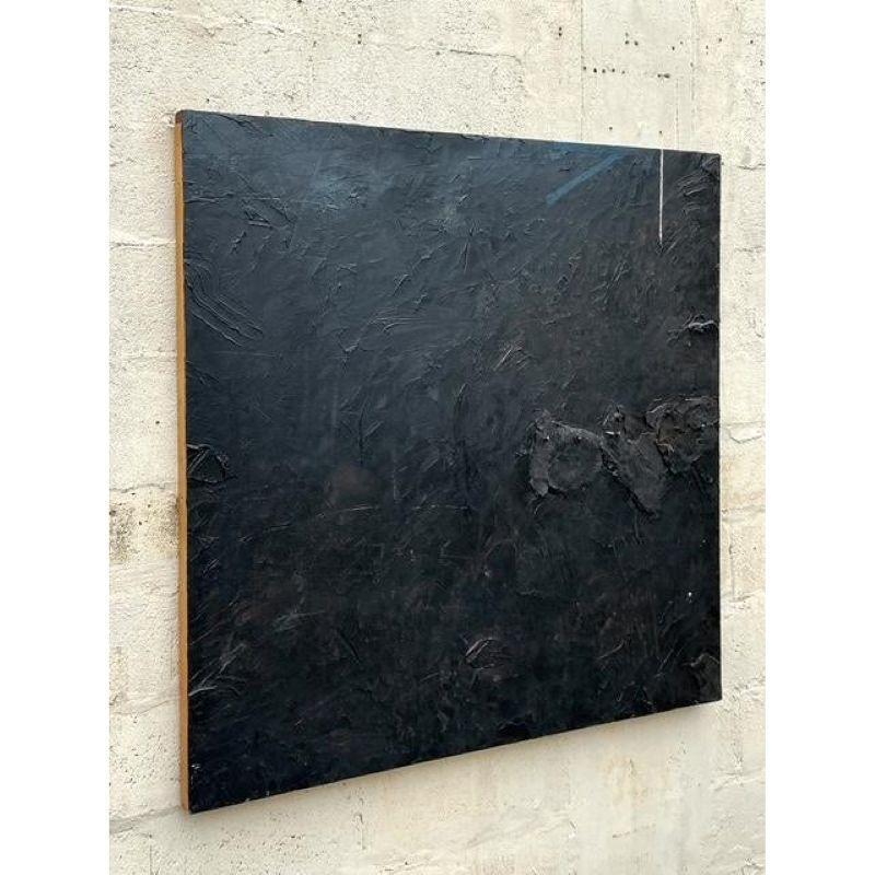 Make an undeniably powerful statement with this Vintage Boho Monumental Mixed Media Abstract Oil On Canvas, a truly commanding work of art that fuses raw texture with profound visual depth. This exceptional piece features a rich, dark palette