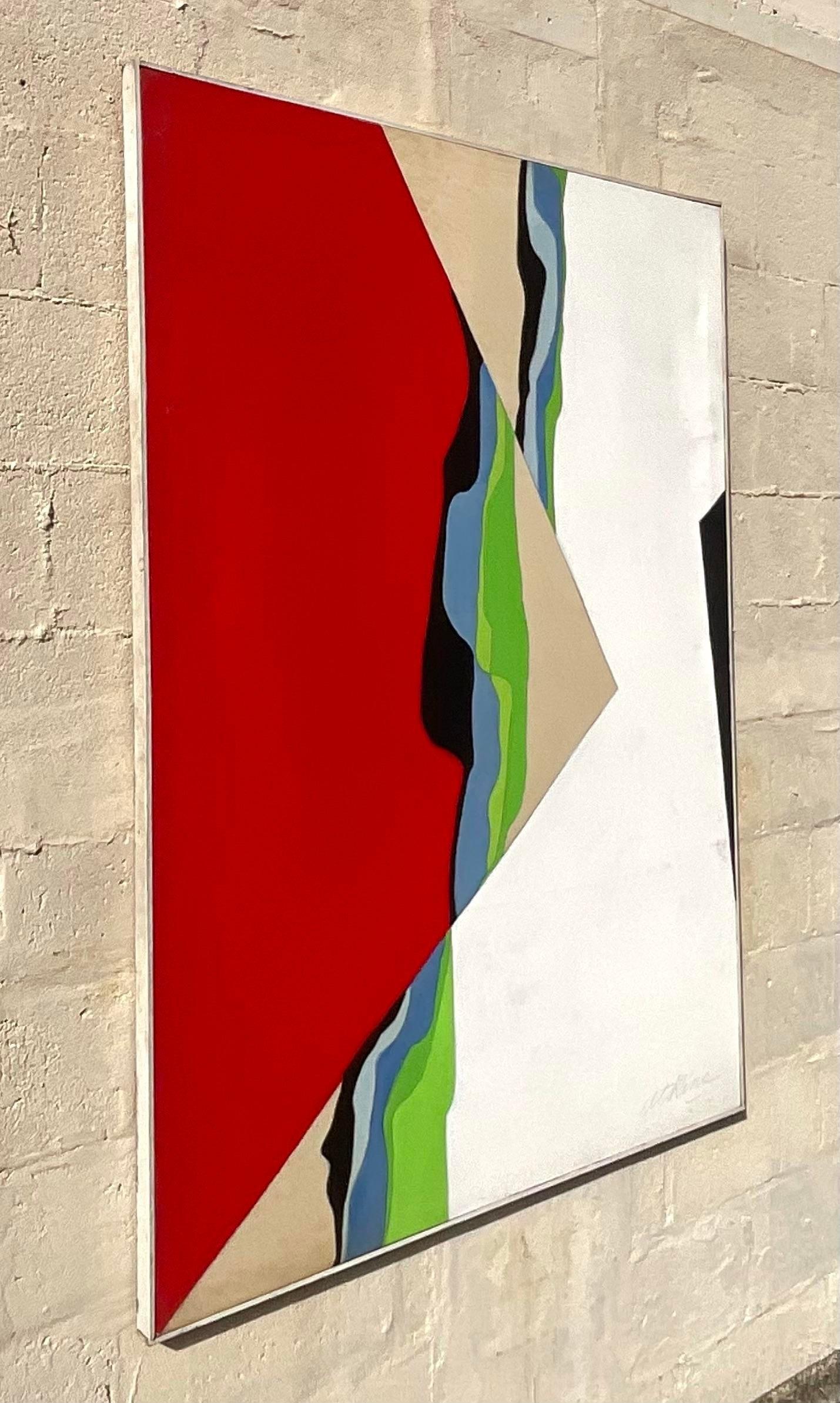 Vintage boho abstract painting utilizing hard angles in combination with unique curves to create a gorgeous minimalist painting. Signed and dated. Acquired from a Palm Beach estate.