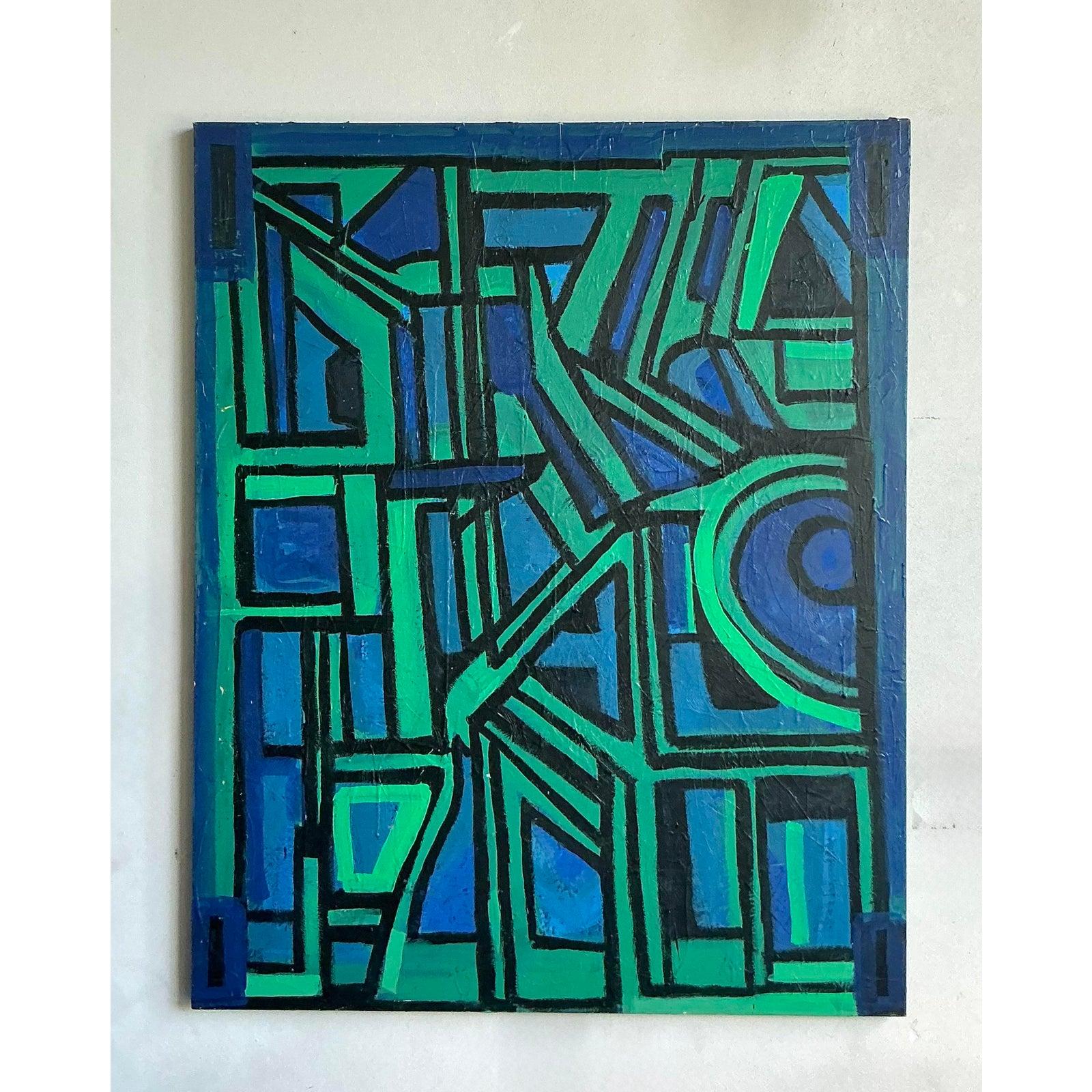 Immerse your space in the vibrant energy of this vintage abstract oil painting, a monumental piece that captures the essence of Mid-Century design with a Bohemian spirit. This original work on canvas features a dynamic interplay of rich blues and