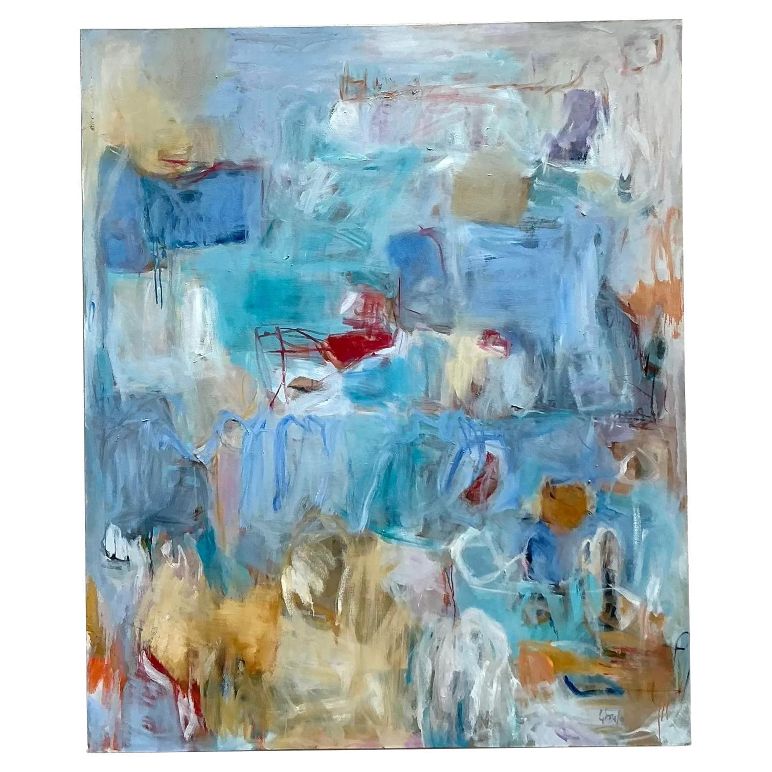 Vintage Boho Monumental Óleo Abstracto Original sobre Lienzo