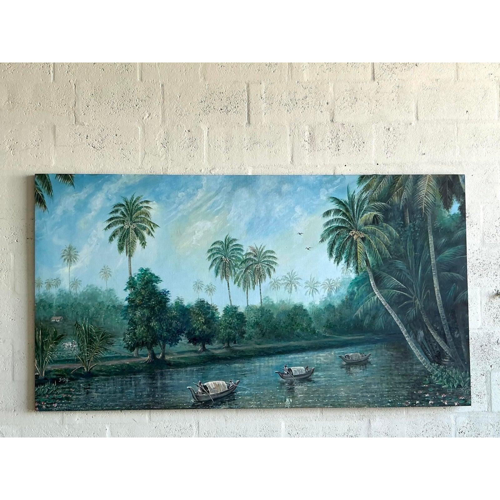 Vintage Boho Monumental Original Öl-Landschaft auf Leinwand (amerikanisch) im Angebot