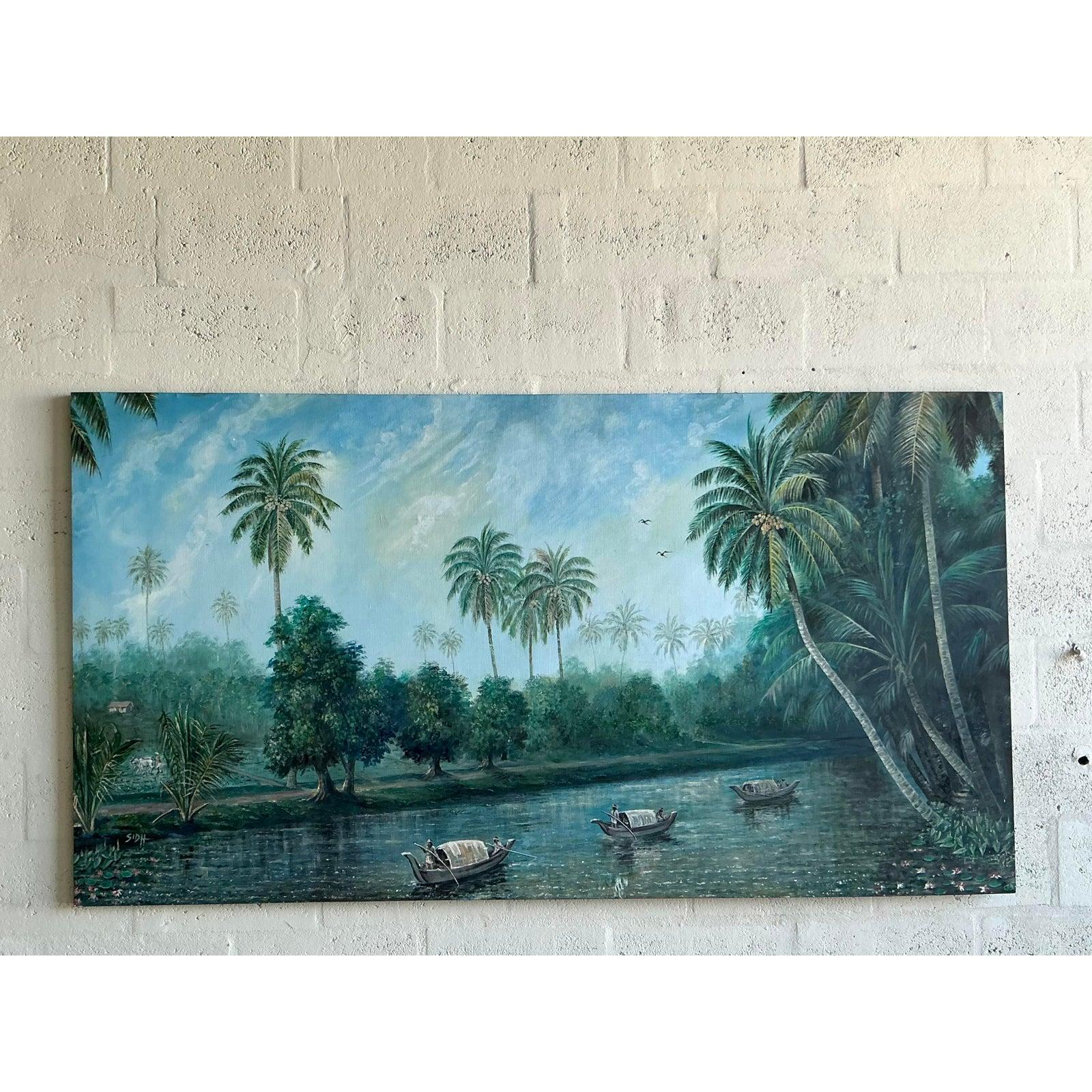 Vintage Boho Monumental Original Öl-Landschaft auf Leinwand im Zustand „Gut“ im Angebot in West Palm Beach, FL