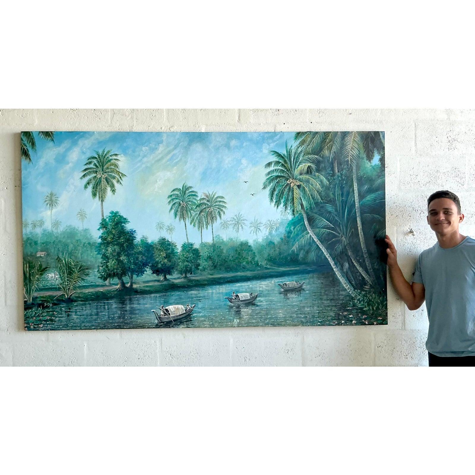 Vintage Boho Monumental Original Öl-Landschaft auf Leinwand (20. Jahrhundert) im Angebot