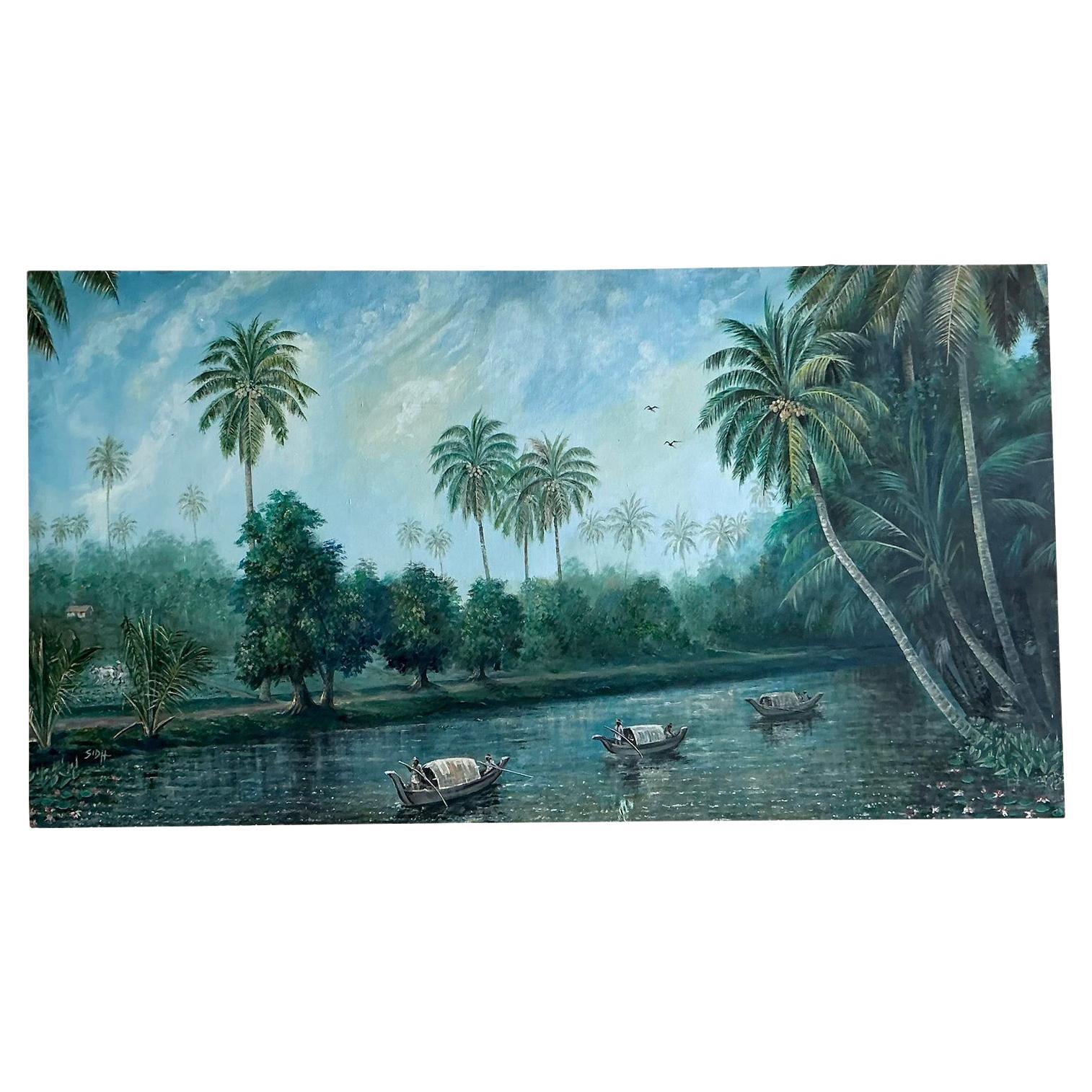 Vintage Boho Monumental Paisaje original al óleo sobre lienzo