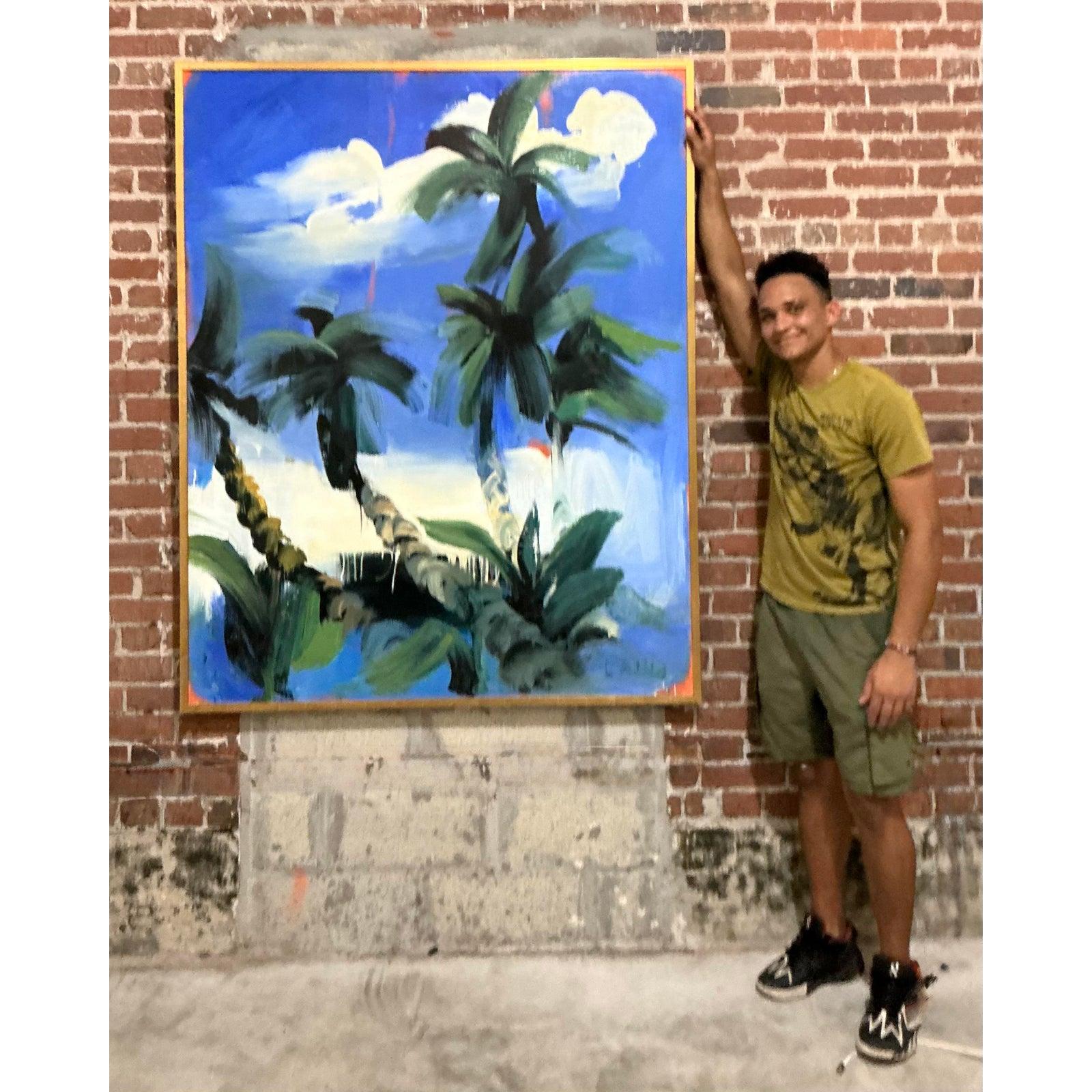 Mid-Century moderno Pittura ad olio originale d'epoca boho monumentale con palme in vendita