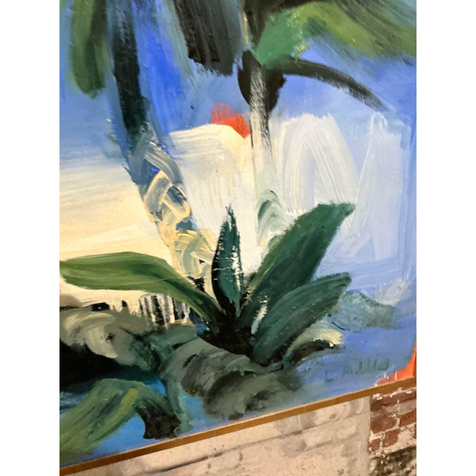 Americano Pittura ad olio originale d'epoca boho monumentale con palme in vendita