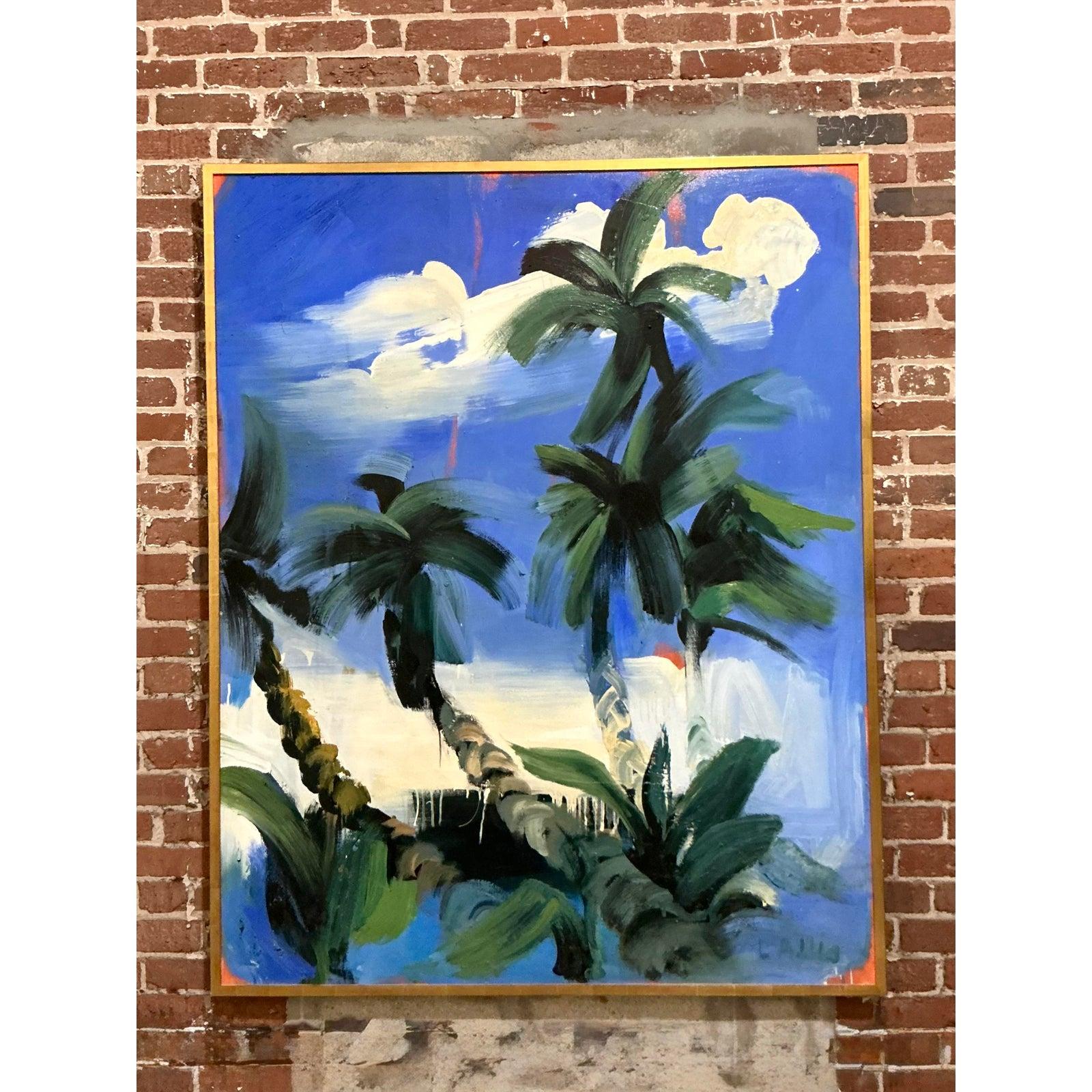 Pittura ad olio originale d'epoca boho monumentale con palme In condizioni buone in vendita a West Palm Beach, FL