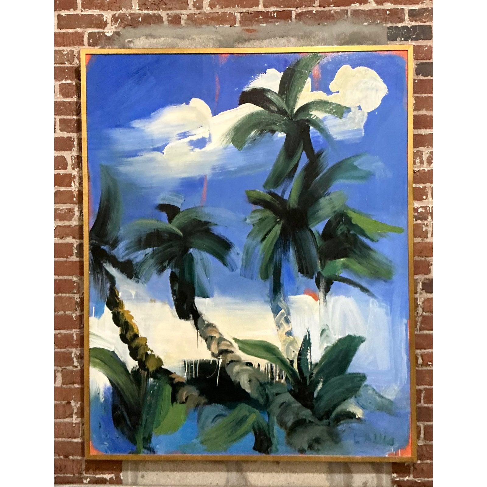 Tela Pittura ad olio originale d'epoca boho monumentale con palme in vendita