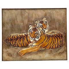 Vintage Boho Monumental Pintura al Óleo Original de Tigres