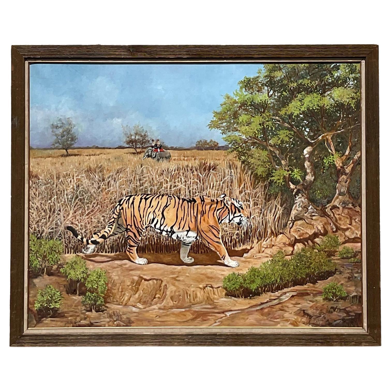 Vintage Boho Monumental Tiger Original Oil Painting on Canvas