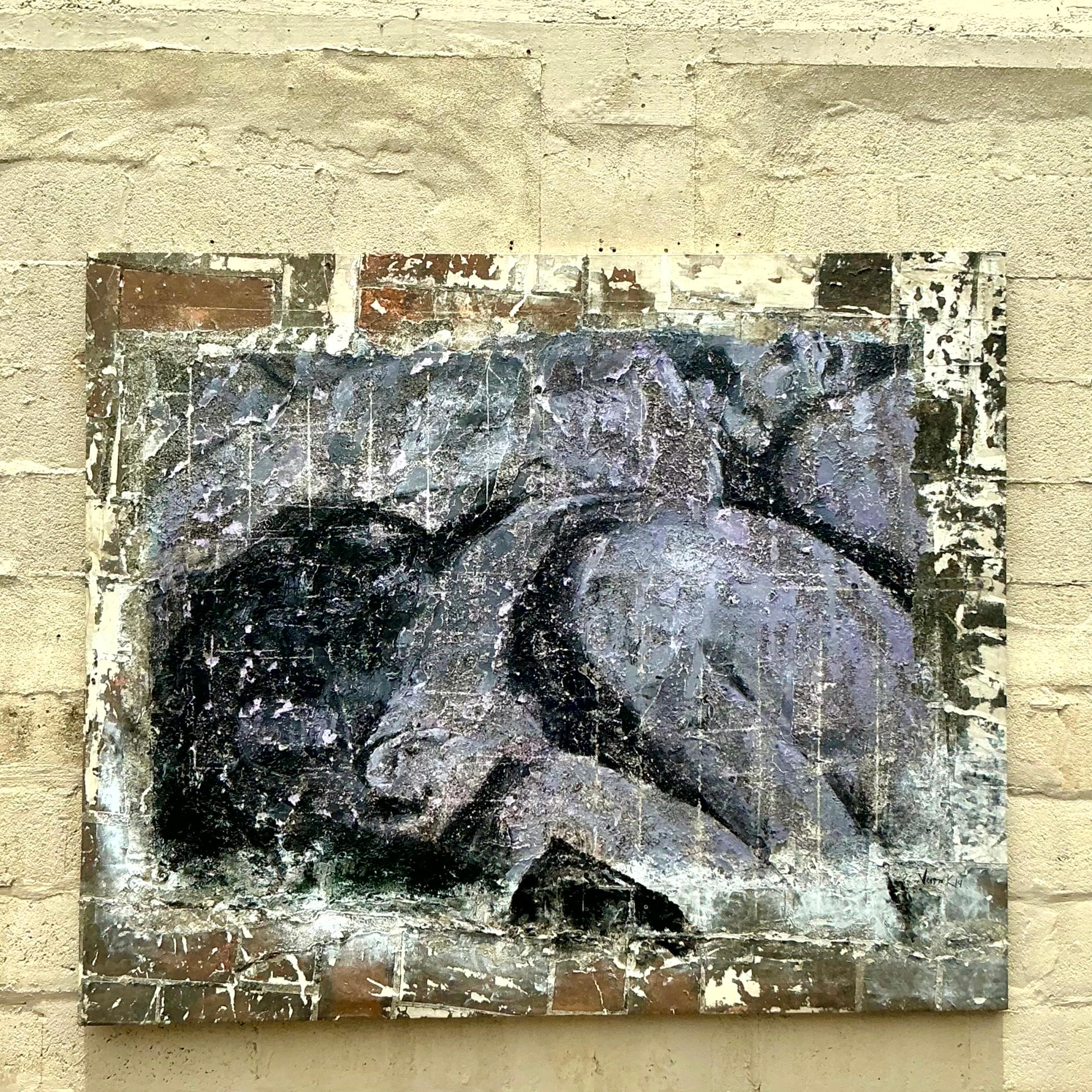 Monumentales Boho-Original mit Textur auf Leinwand, mit kräftigen Farben und komplizierten Texturen. Dieses auffällige Stück verleiht jedem Raum einen Hauch von künstlerischem Flair und unkonventionellem Charme und ist damit eine hervorragende