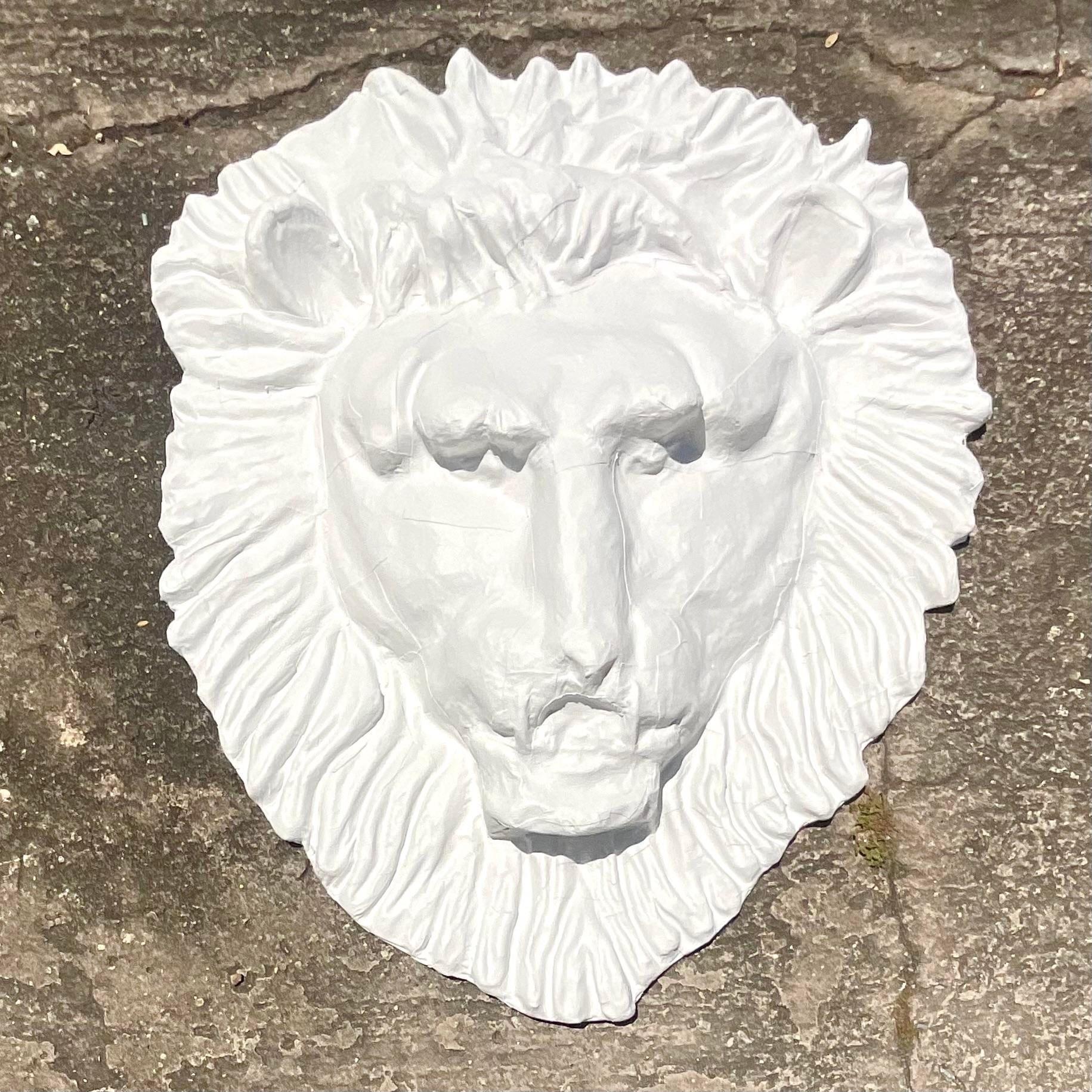Vintage Boho Monumental Painted Leather Lions Head In Good Condition For Sale In west palm beach, FL
