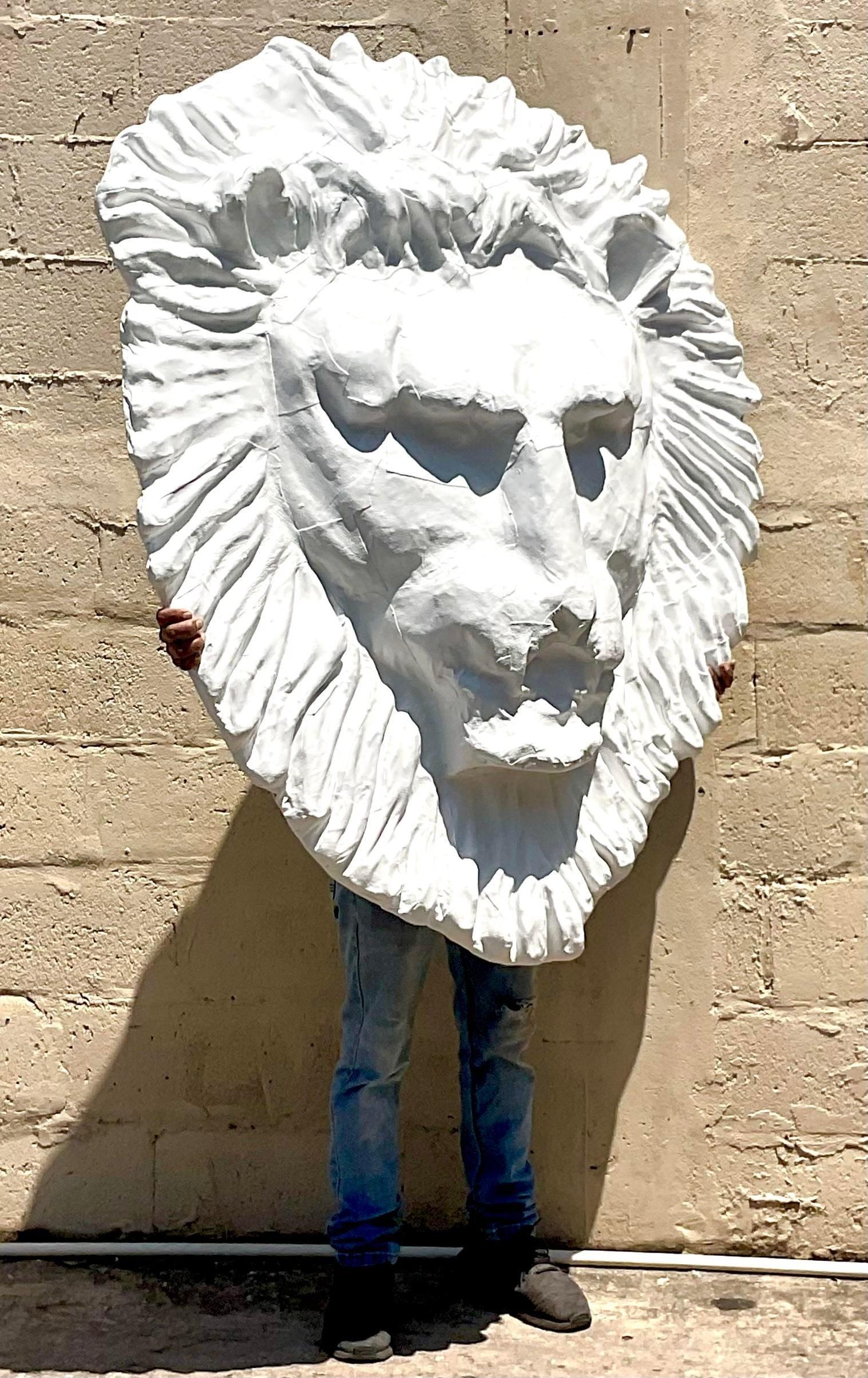 Vintage Boho Monumental Painted Leather Lions Head For Sale 2