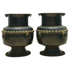 Vintage Boho Monumental Patinated Brass Urns - a Pair