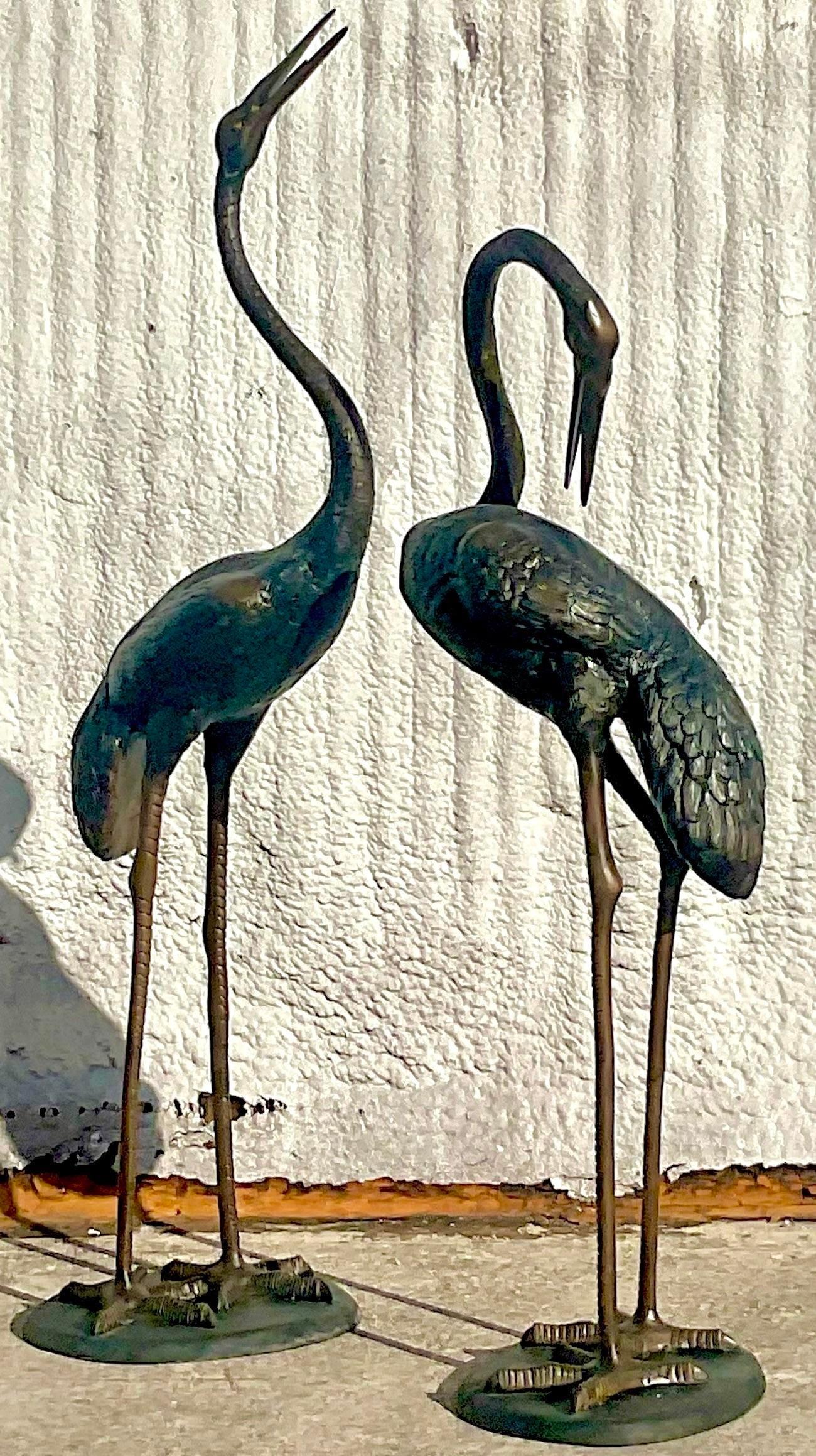Italian Vintage Boho Monumental Patinated Bronze Cranes - Set of 2 For Sale