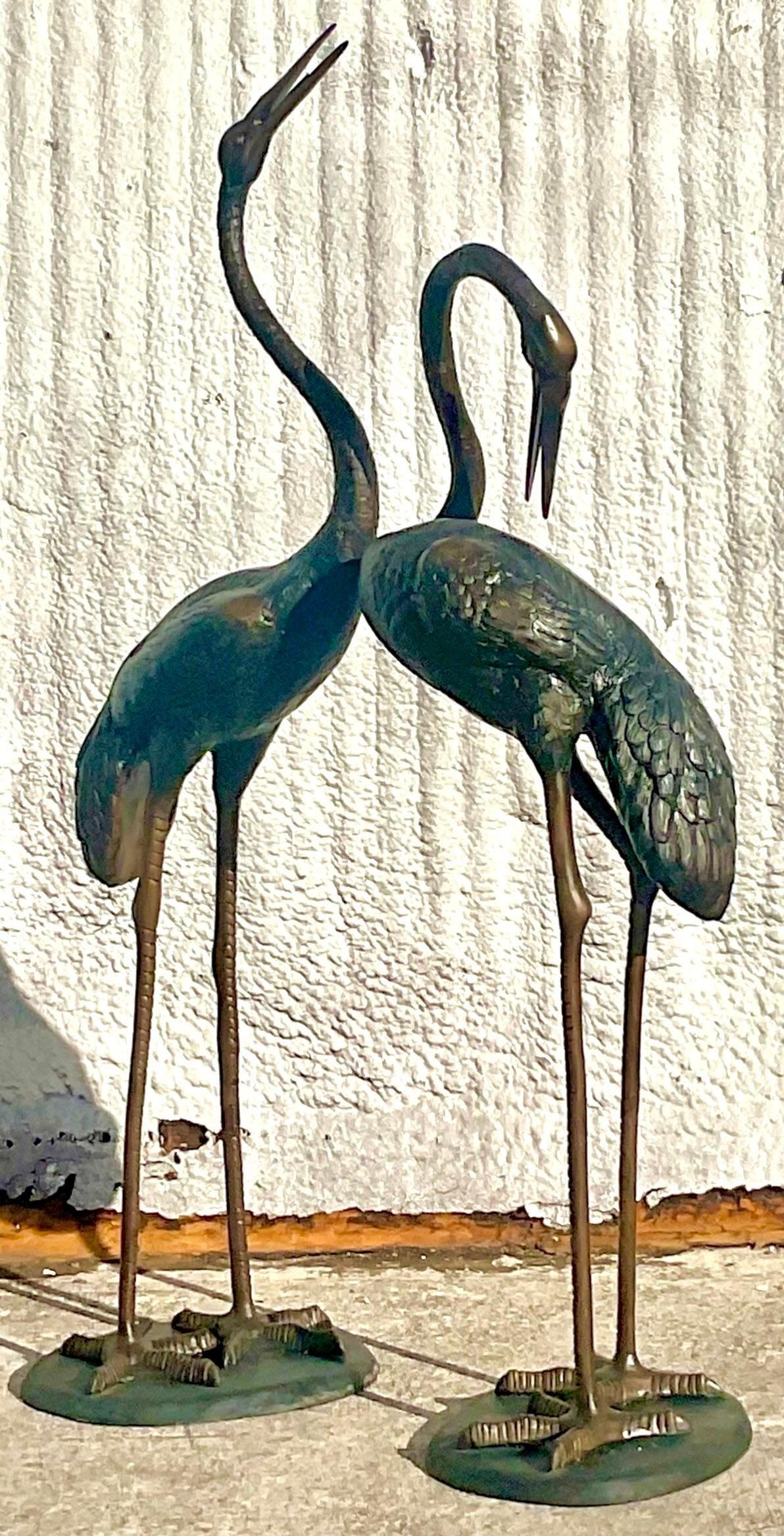 20th Century Vintage Boho Monumental Patinated Bronze Cranes - Set of 2 For Sale