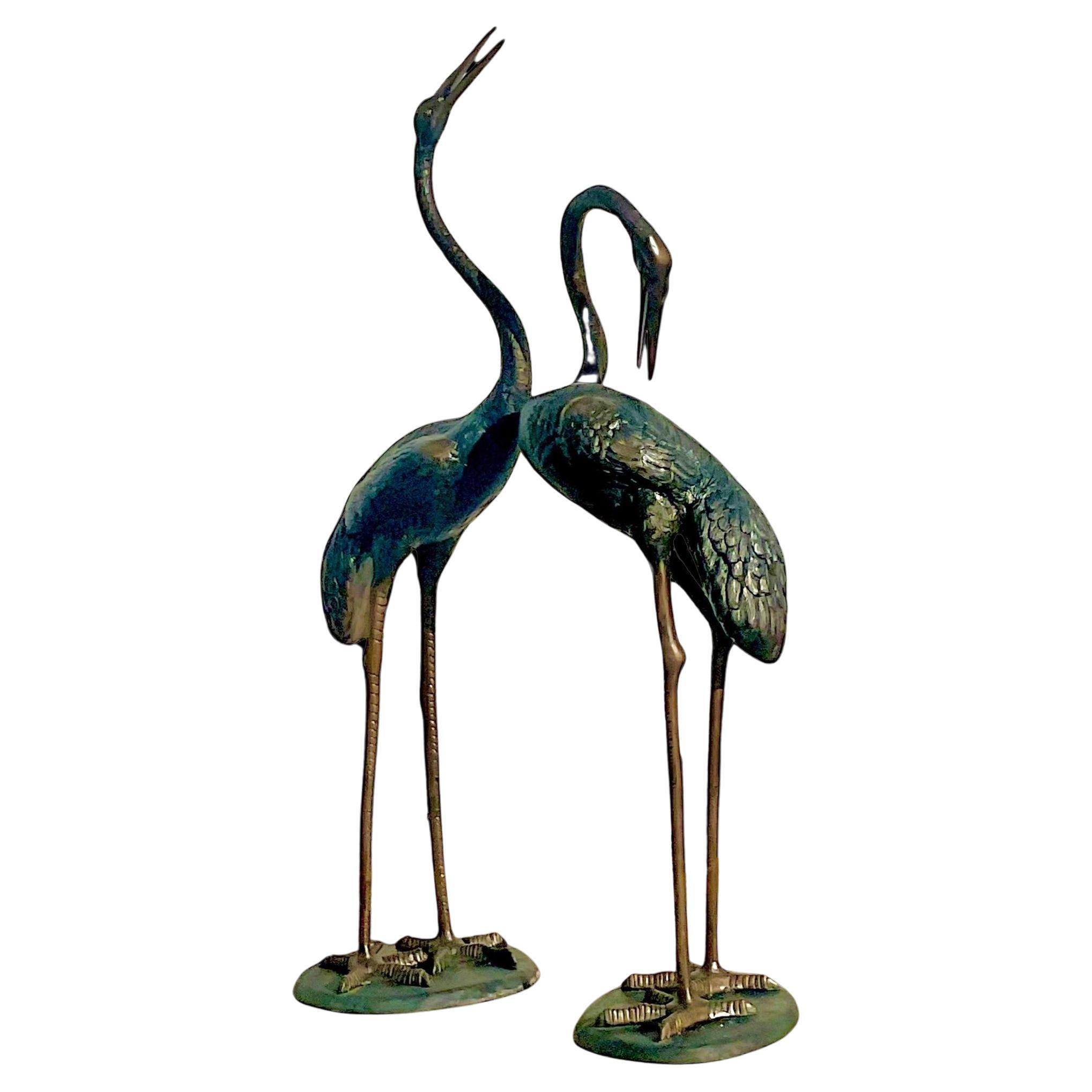 Vintage Boho Monumental Patinated Bronze Cranes - Set of 2