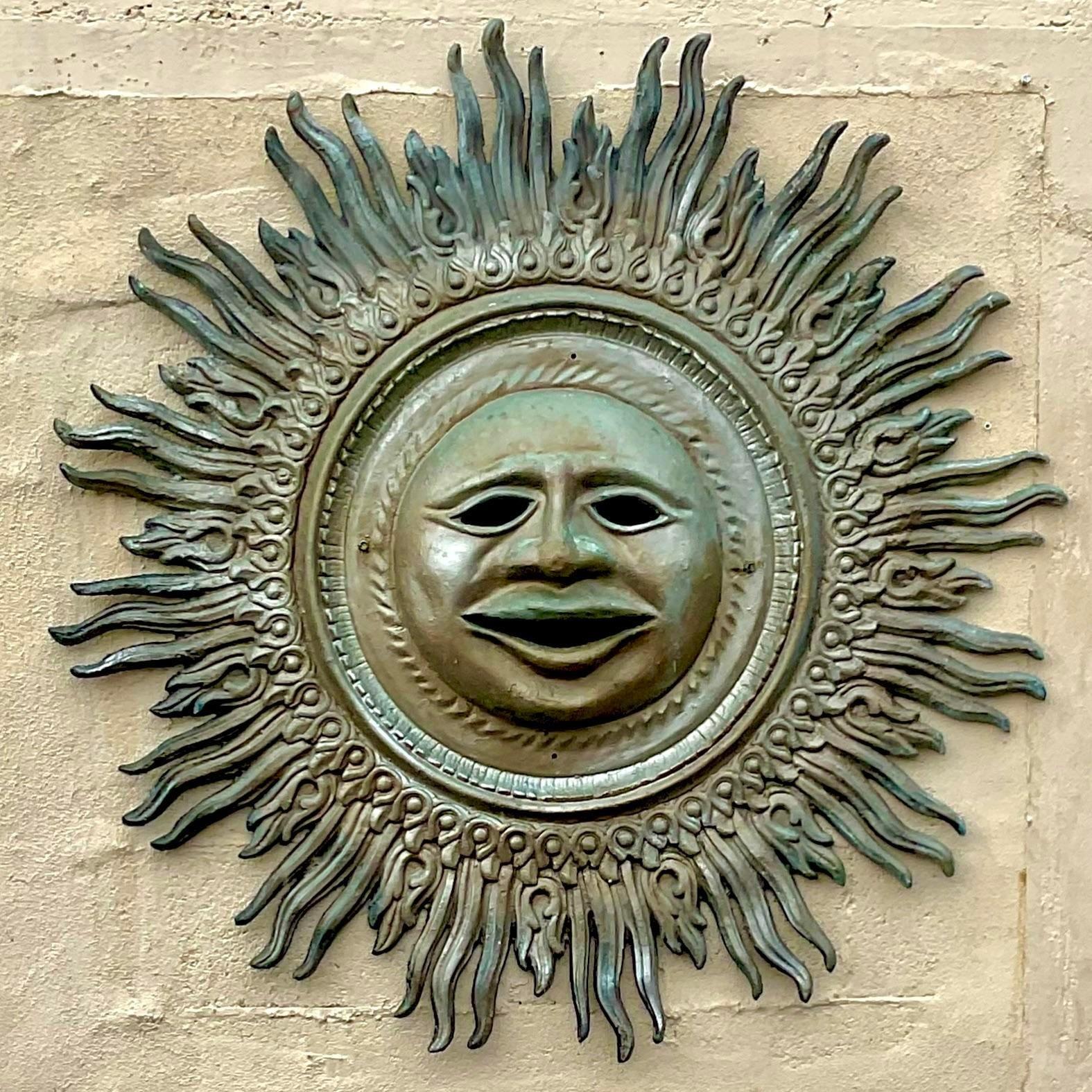 Vintage Boho Monumental Patinated Cast Aluminum Sun Wall Sculpture For Sale 5