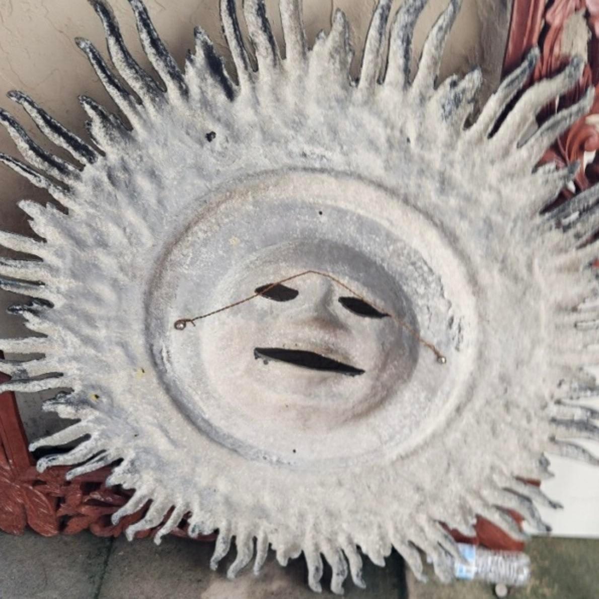Vintage Boho Monumental Patinated Cast Aluminum Sun Wall Sculpture In Good Condition For Sale In west palm beach, FL