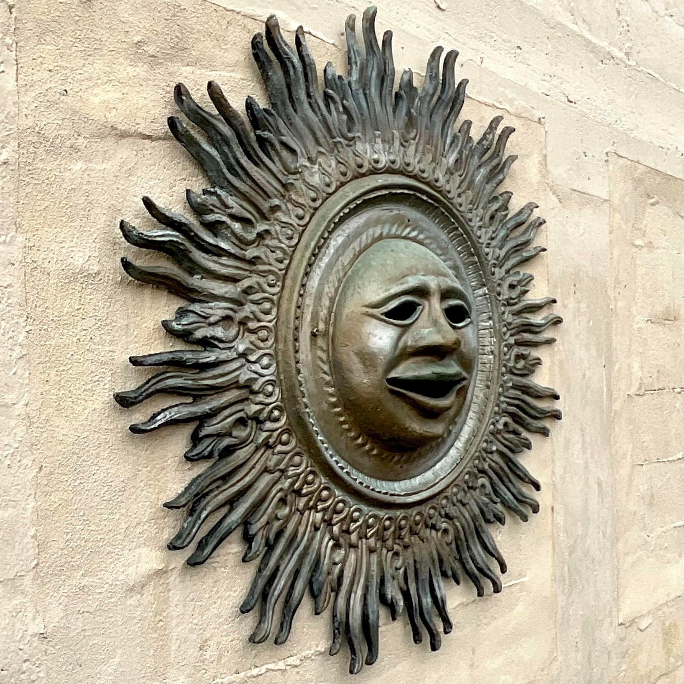 20ième siècle Vintage Boho Monumental Patinated Cast Aluminum Sun Wall Sculpture en vente
