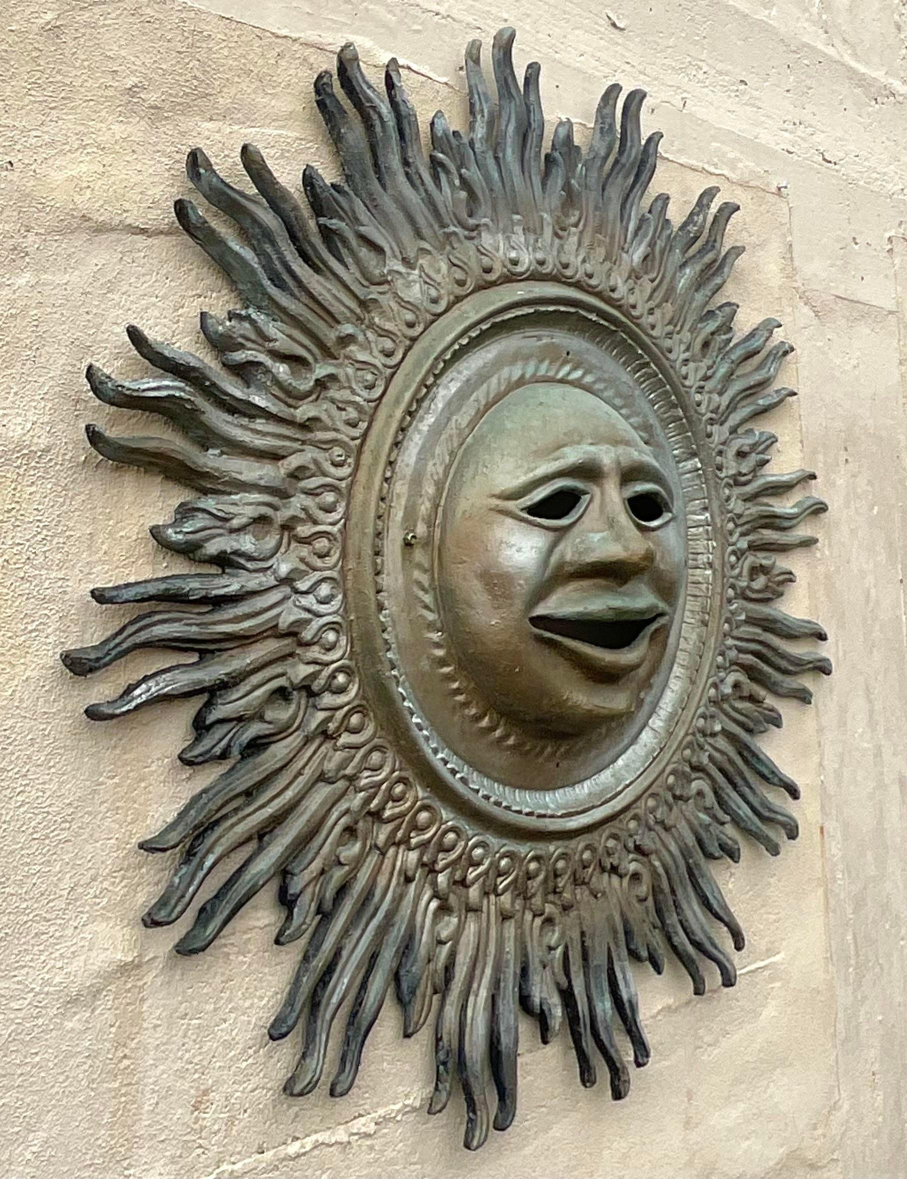Vintage Boho Monumental Patinated Cast Aluminum Sun Wall Sculpture For Sale 1