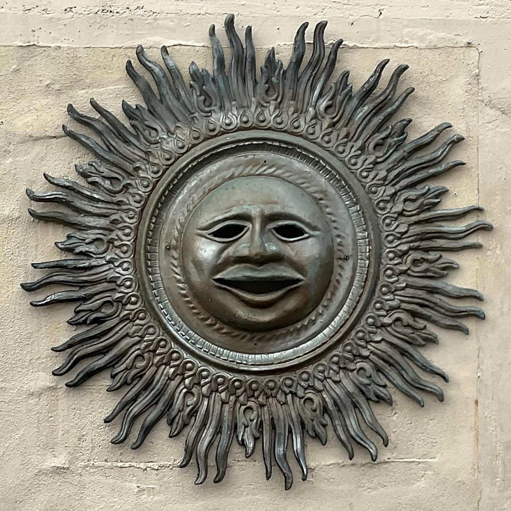 Vintage Boho Monumental Patinated Cast Aluminum Sun Wall Sculpture For Sale 2