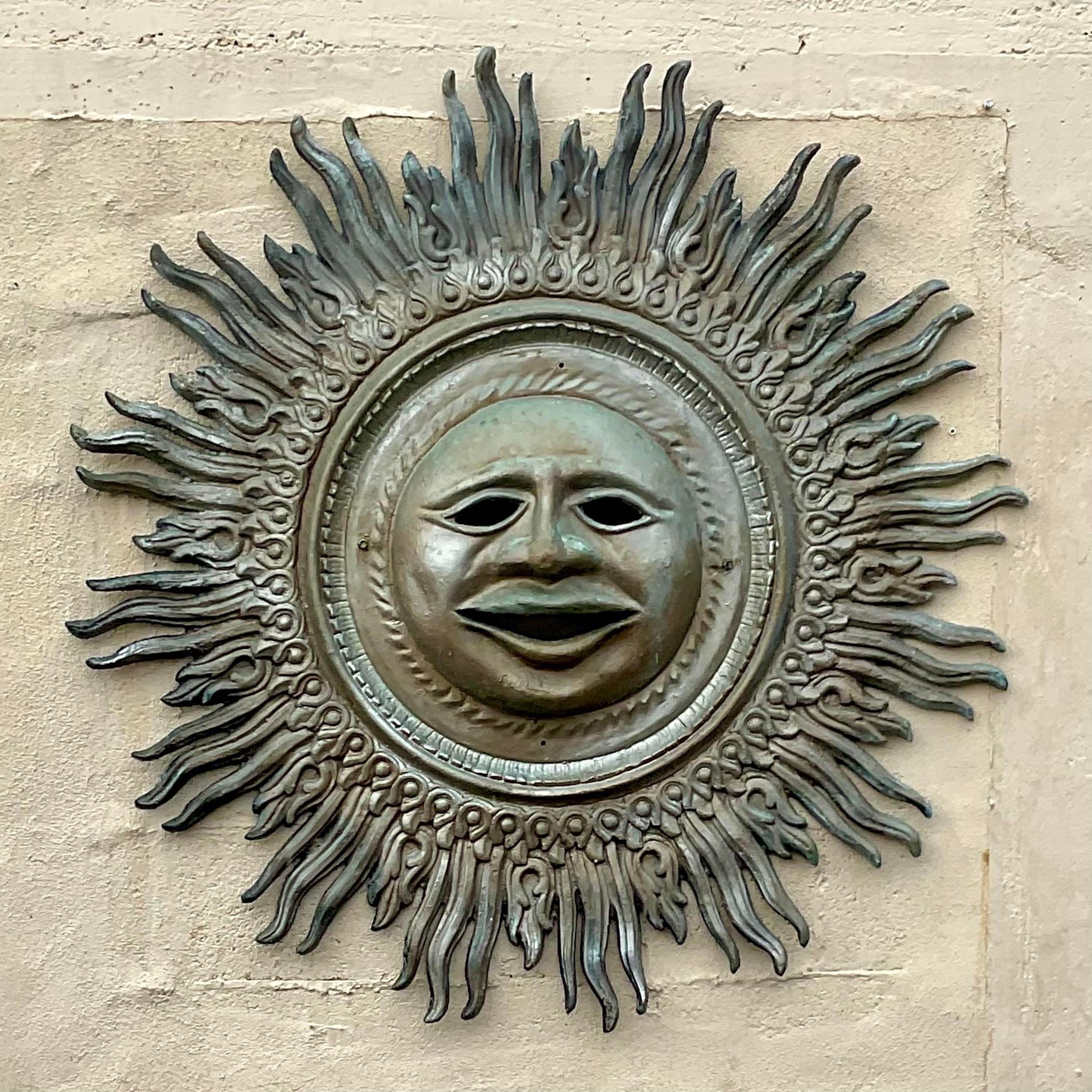 Vintage Boho Monumental Patinated Cast Aluminum Sun Wall Sculpture For Sale 3